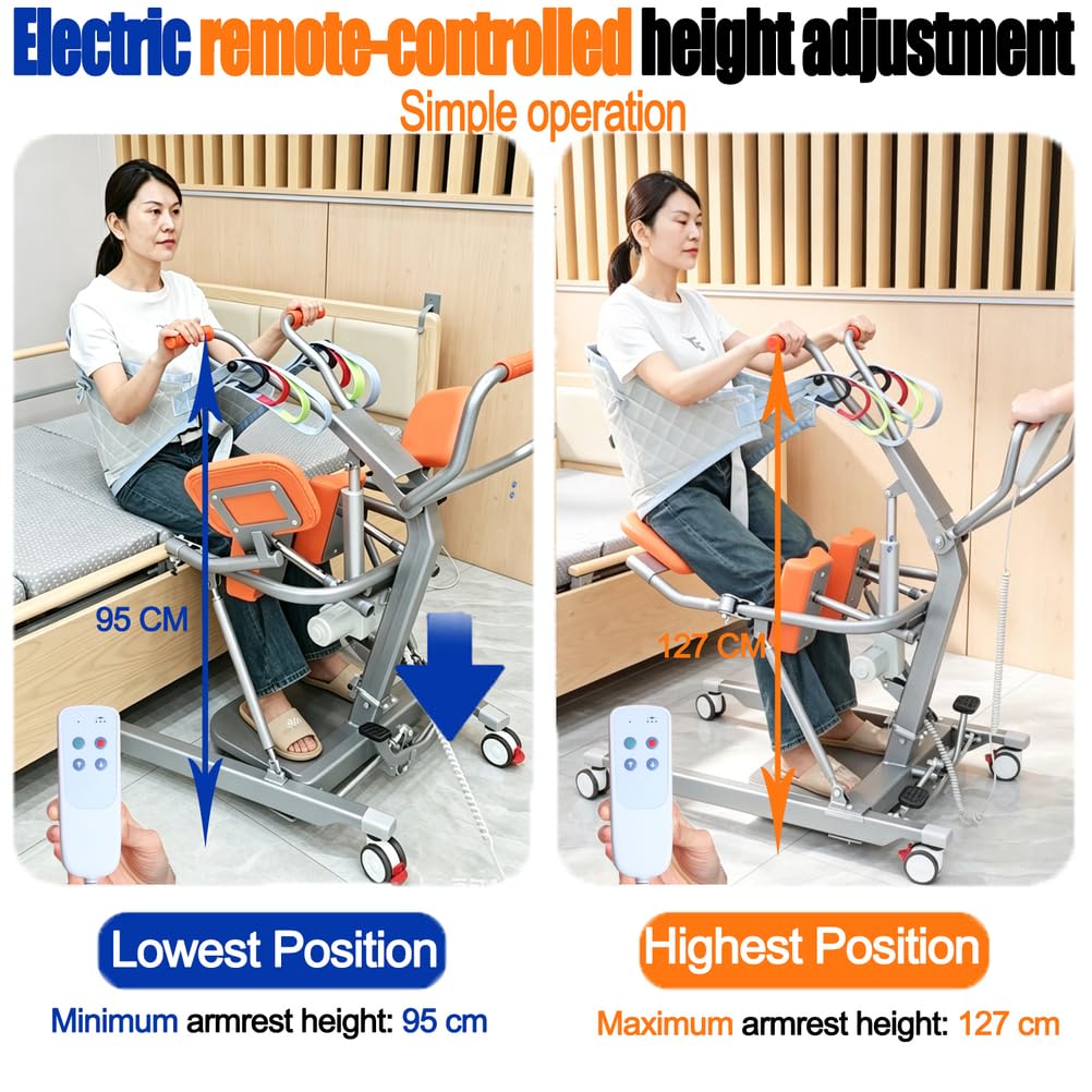Grúa Eléctrica De Transferencia De Sentado A Pie para Pacientes, 150 KG | Silla elevadora y de transferencia de alta capacidad para personas mayores, con asiento dividido 180° y ruedas con freno