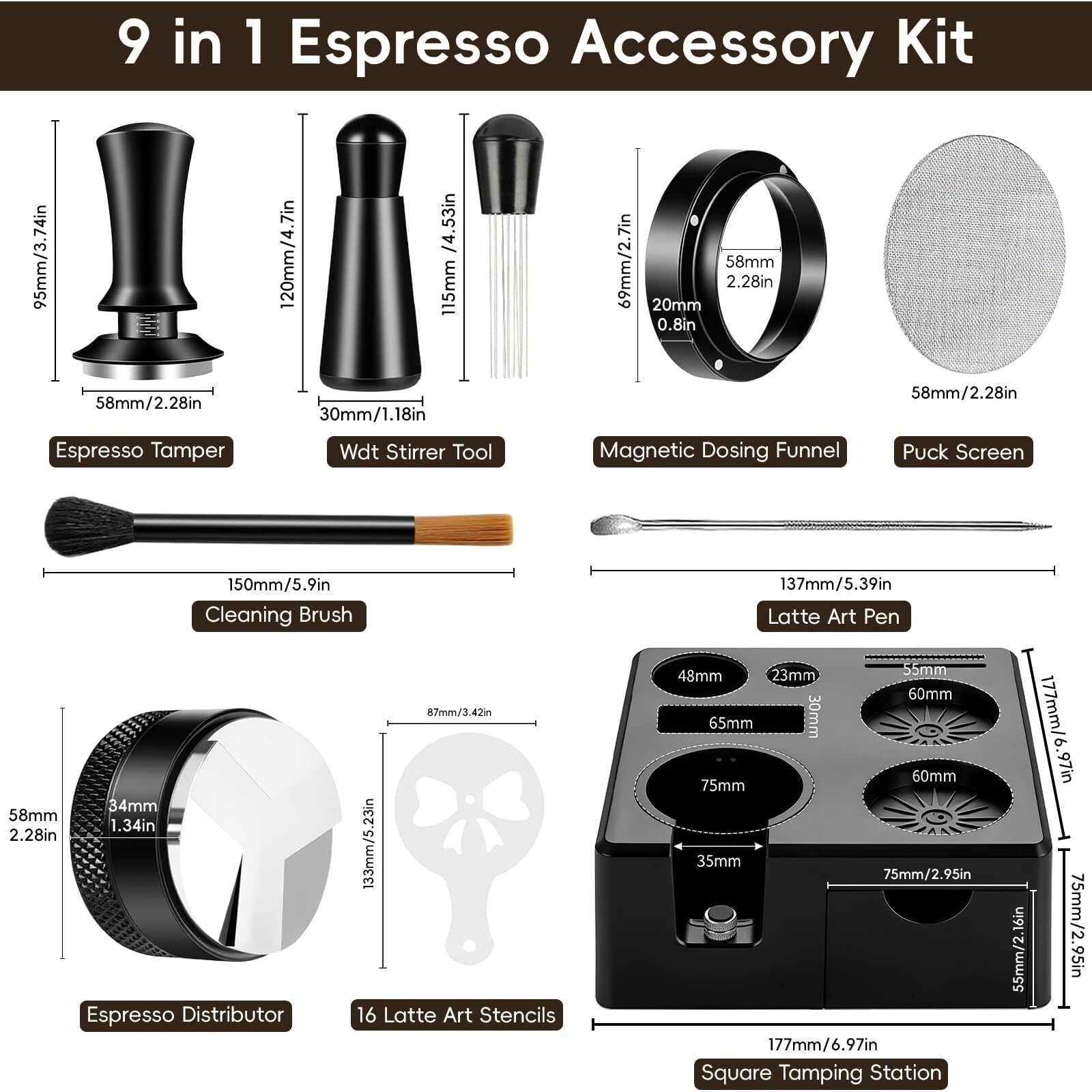 Kit de 9 accesorios para café WDT con estación de apisonamiento cuadrada para manipulación, distribuidor, embudo dosificador, cepillo, pantalla de disco, bolígrafo y plantillas (53 mm)