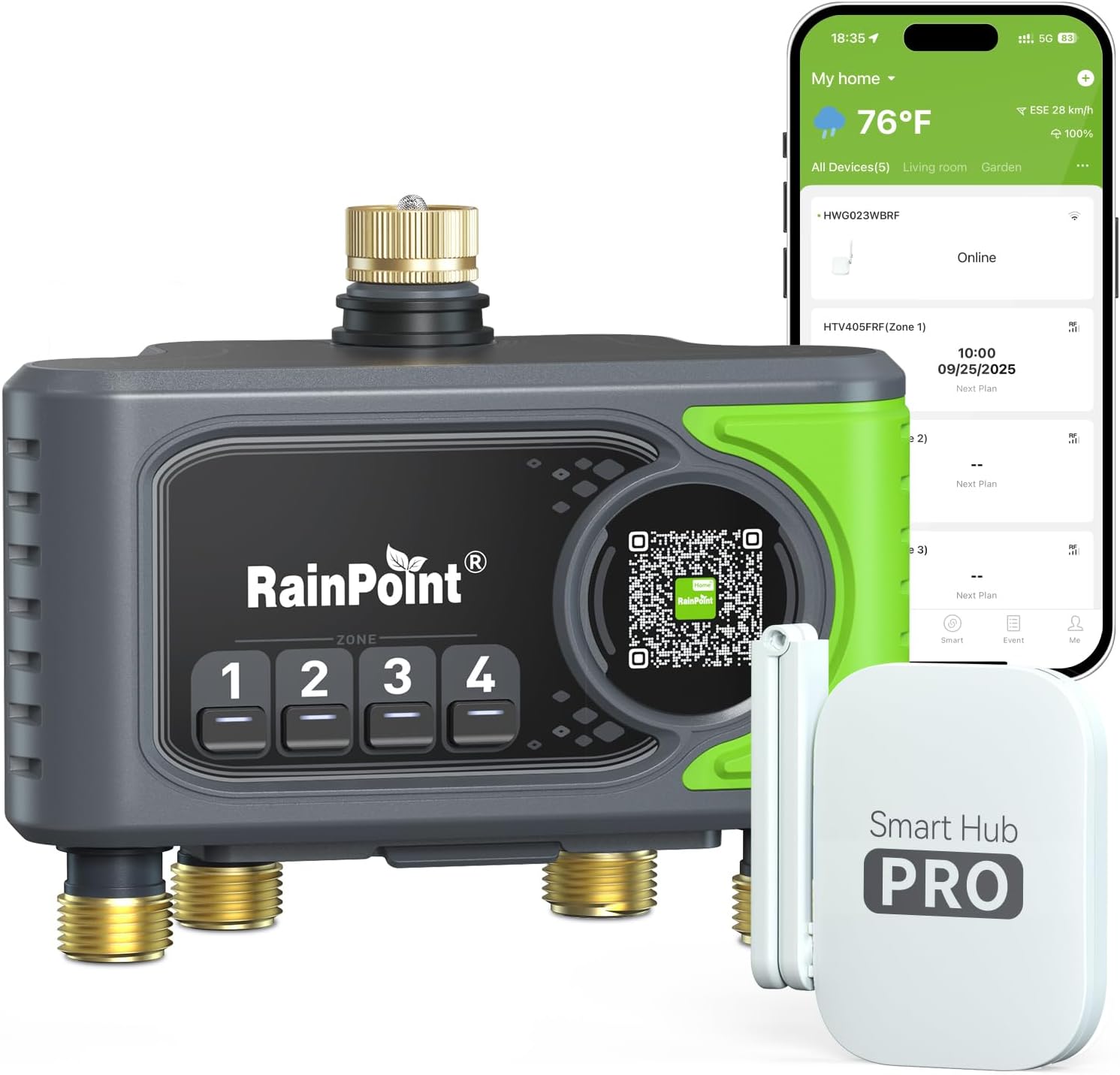 WiFi Sprinkler Timer 4 Zone, Outdoor Smart Water Timer for Garden Hose with Brass Inlet&Outlet, Custom Programs via APP/Voice Control for Automatic Watering System