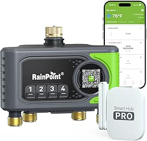 RainPoint WiFi Sprinkler Timer 4 Zone, Outdoor Smart Water Timer for Garden Hose with Brass Inlet & Outlet, App & Voice Control