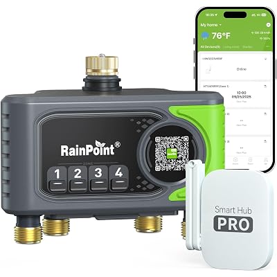 RAINPOINT WiFi Sprinkler Timer 4 Zone, 2027 New Version Outdoor Smart Water Timer for Garden Hose with Brass Inlet&Outlet, Custom Programs via APP/Voice Control (Lime Green, 4 Zone)