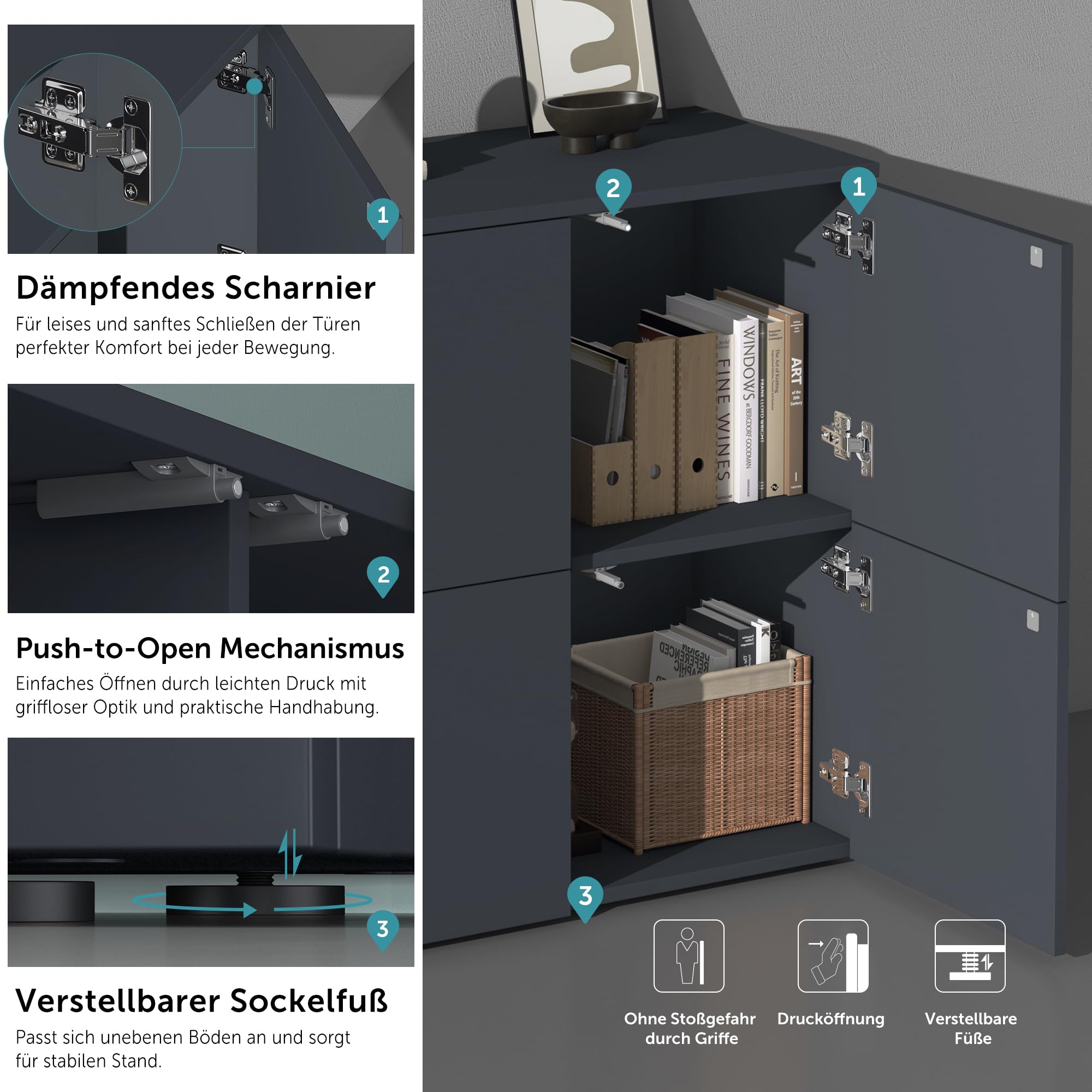 doporro Mobile Organizzatore Credenza Buffet in Legno con 4 Ante Push-to-Open e Soft-Close per Soggiorno, Sala da Pranzo o Ingresso, 76x36,4x76 cm Marrone chiaro e Bianco opaco Schrank04