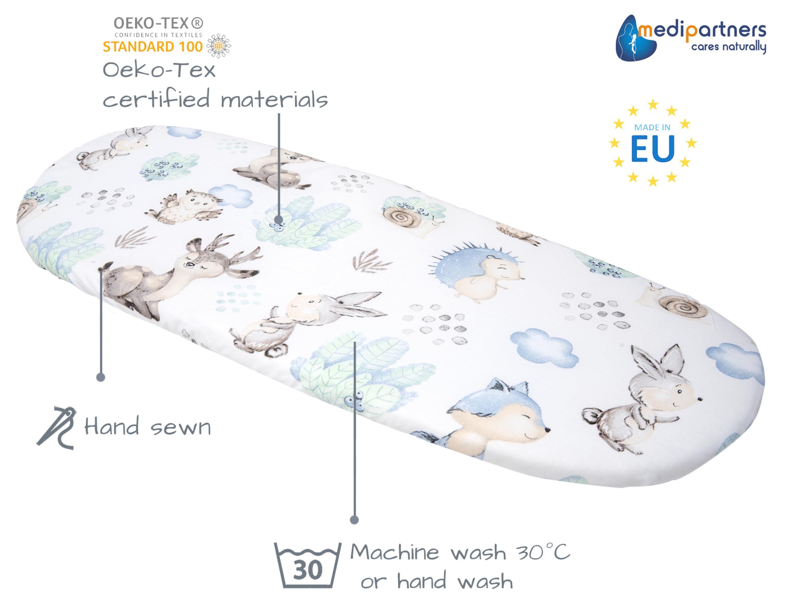 Medi Partners Set of 3 pcs. Fitted Sheet Pram 86 x 40 cm 100% Cotton Mattress Protector Baby, Deer and Hedgehogs-white-grey, Three pack - Image 3
