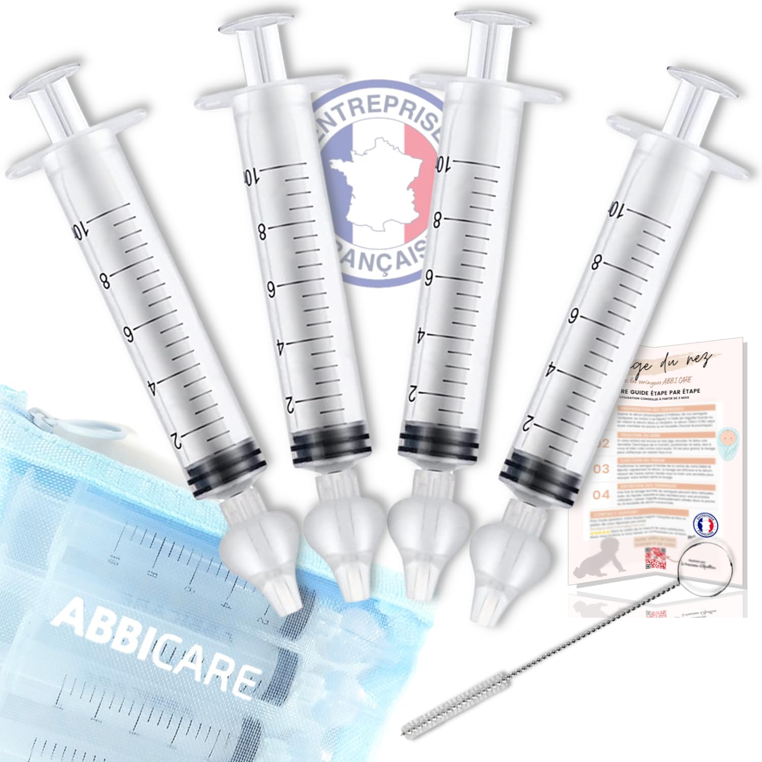 Mouche bébé seringue nasale 10ml ABBICARE™ sans BPA-CE | Kit 4 seringues avec embouts silicone souple + 1 goupillon de nettoyage et guide conseil | Soin nasal puericulture serum physiologique