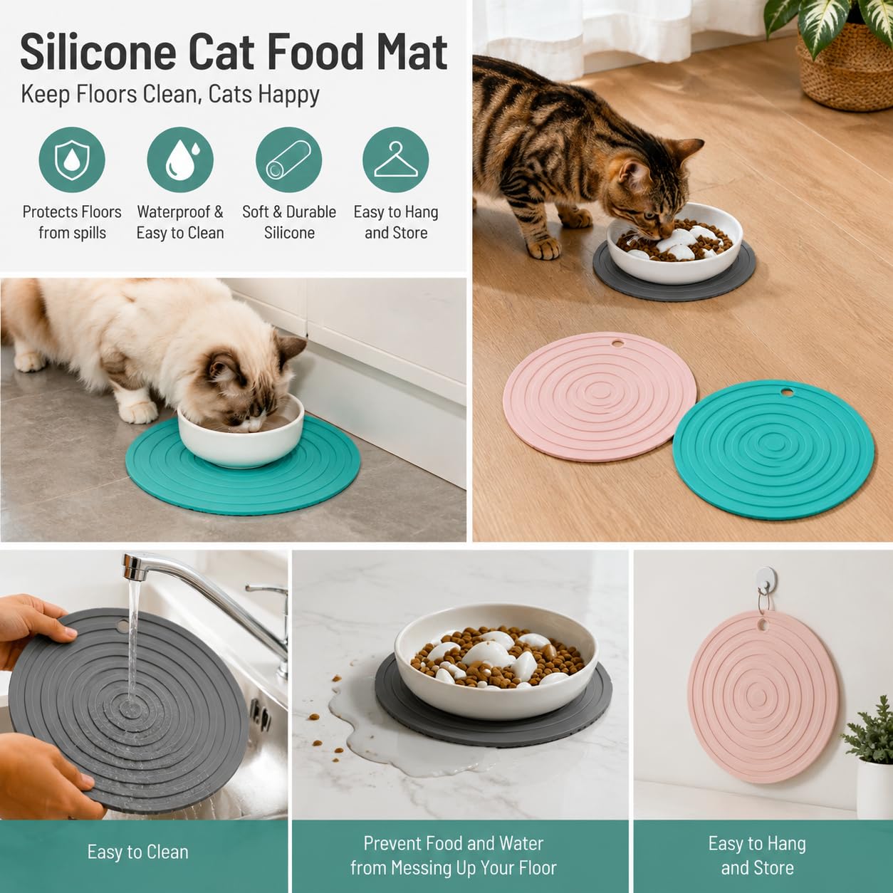 Tappetino Sottociotola per Cani e Gatti, Set 3 Pezzi in Silicone Antiscivolo Impermeabile, 2 x 16 cm e 1 x 18 cm, Base per Ciotole Cibo Acqua, Protezione Pavimento per Casa Viaggio e Campeggio