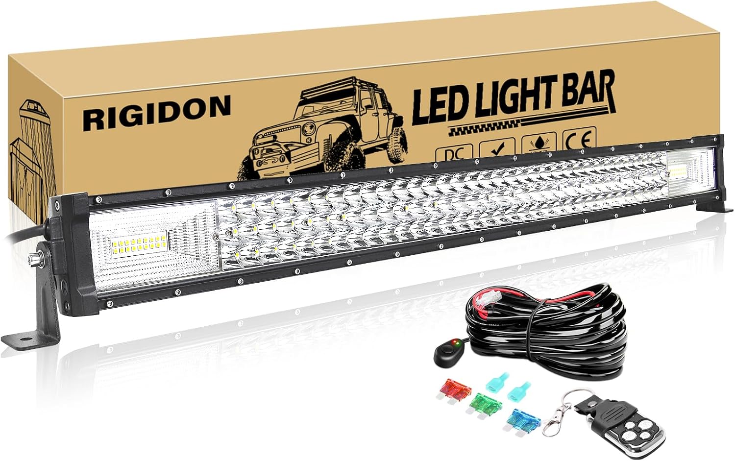 RIGIDON 32 Inch 405W LED Light Bar with Wire Harness Strobe Switch Remote Control, Triple Row Flood Spot Combo 40500LM Driving Boat Off-road LED Work Light for ATV UTV Truck Roof Bumper