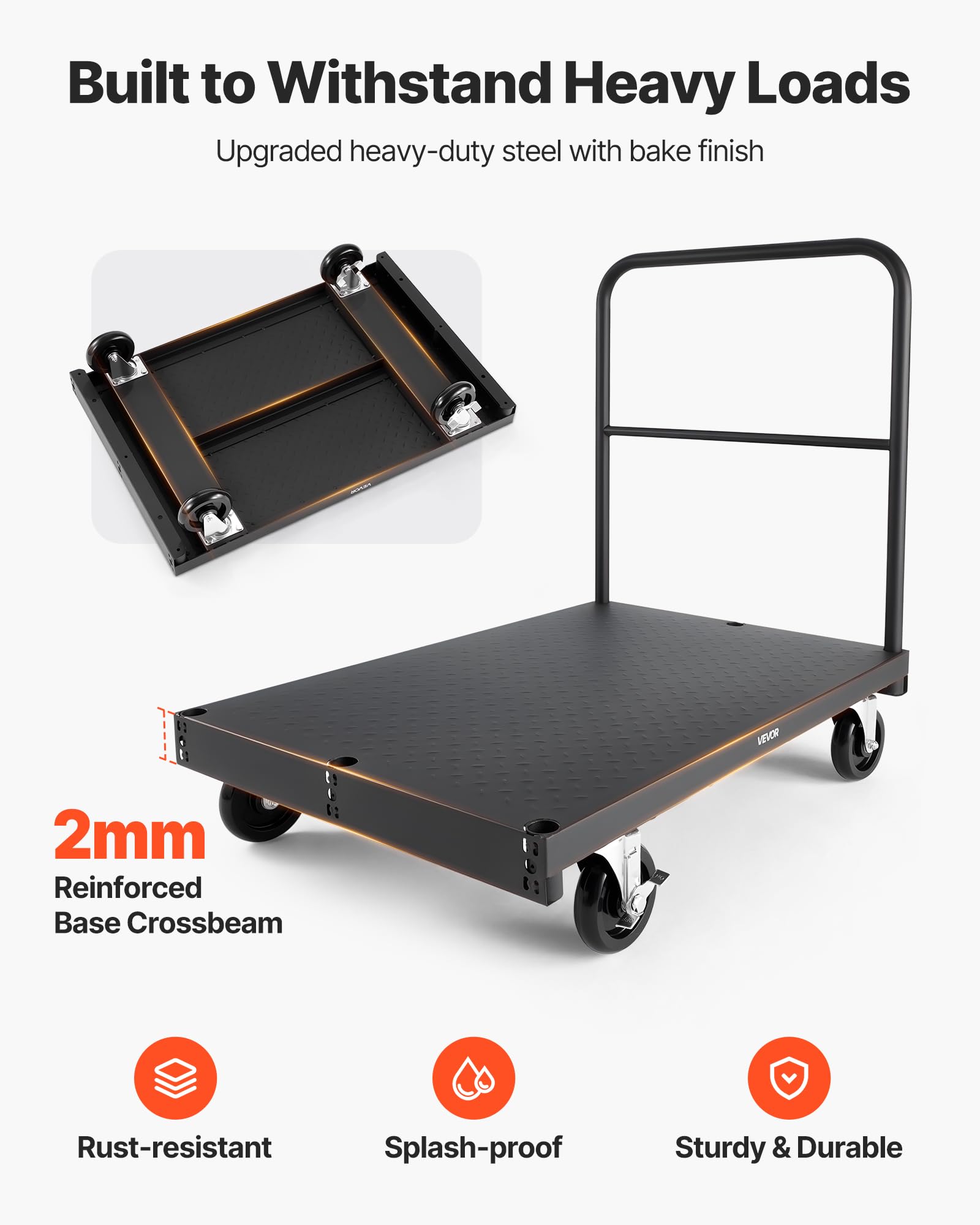 VEVOR Carro Portaplatos, Carga 816 kg, 2 en 1, Ruedas Giratorias 360°, Rodillo Portaplatos, 4 Pasamanos Laterales, Negro, 914 x 610 x 858 mm