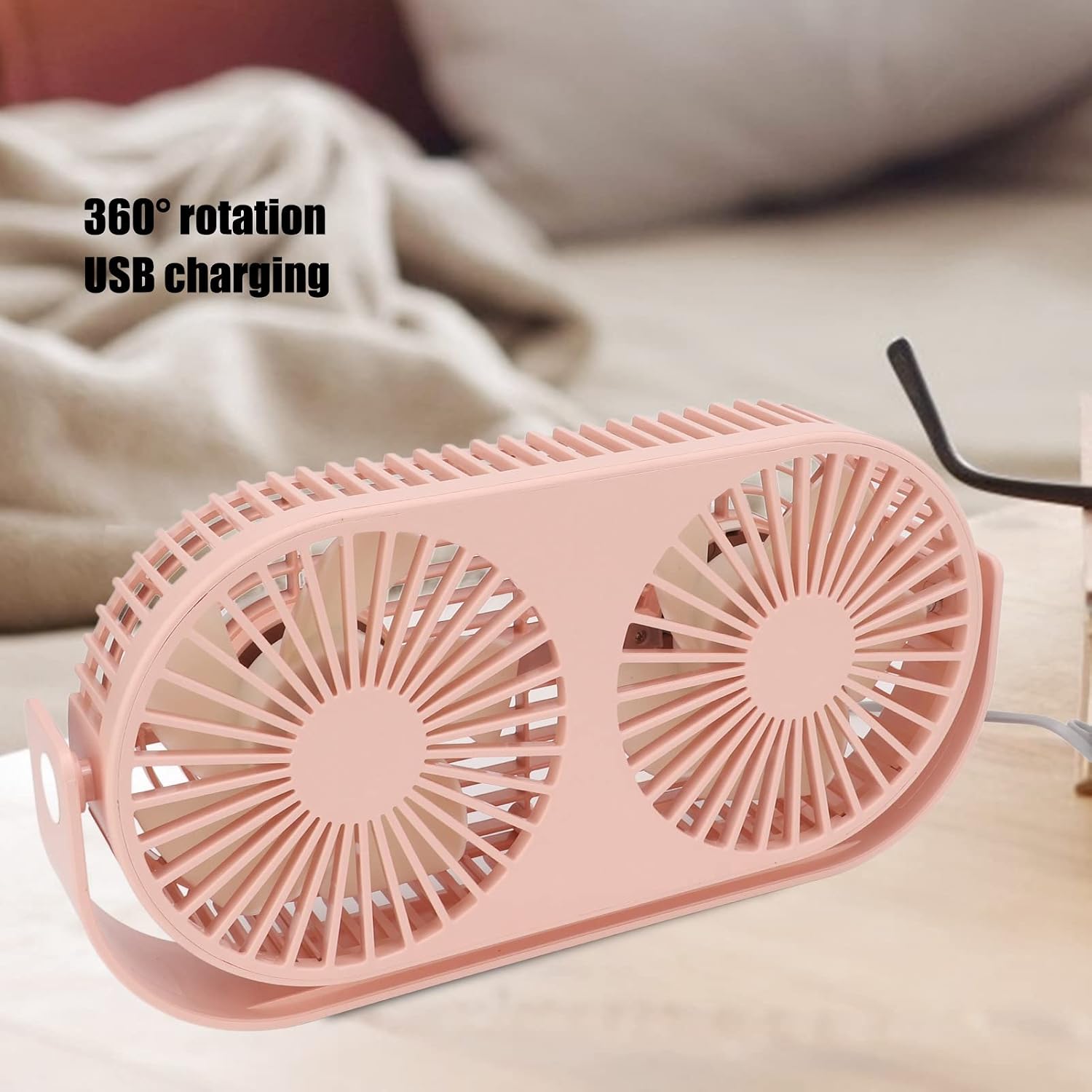 Small self USB Desk Fan , Upgraded heads USB Fan for Home Bedroom Office , Portable Small Fan with Strong Airflow , Fast Heat Dissipation 360° Rotation (Pink)