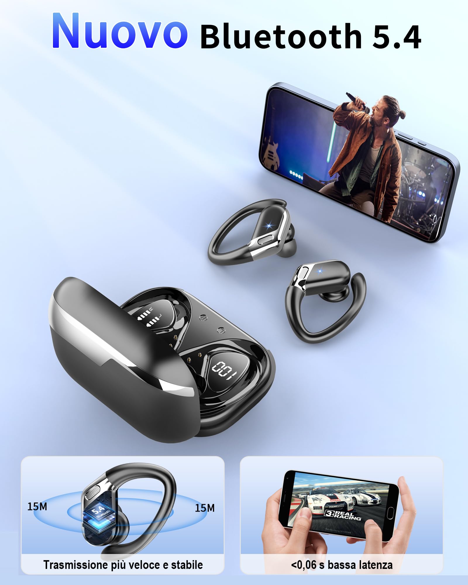 Cuffie Bluetooth Sport, Auricolari Bluetooth 5.4 HiFi Stereo, 50H Cuffie Wireless CVC 8.0 Cancellazione Rumore, Ricarica Rapida USB-C, Cuffiette Bluetooth IP7 Impermeabil per Running Palestra Correre