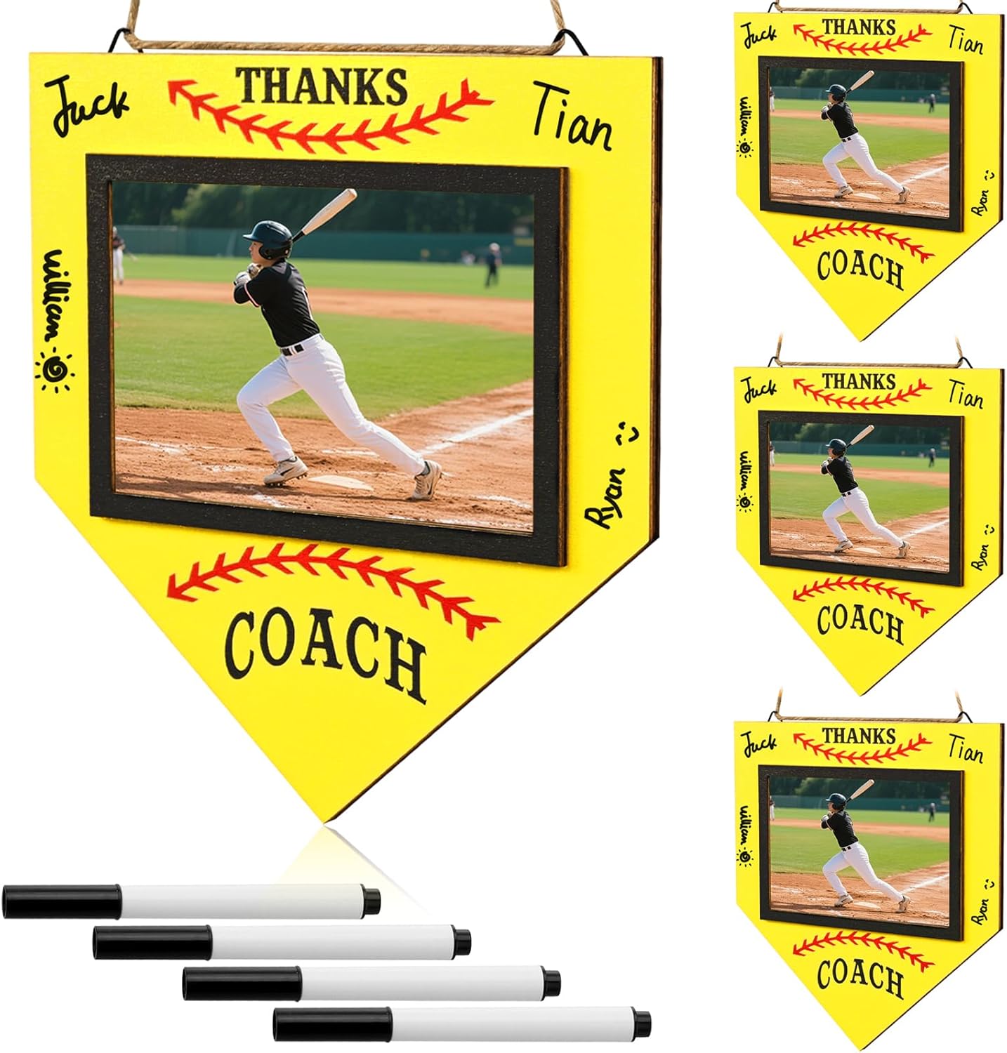 4 Set Softball Thanks Coach Picture Frames with Signature Pens Fits 4 X 6 Inches Plate Photos Wooden Picture Frame Thanks Softball Coach Gift from Team Coaches Appreciation Home Plate Plaque