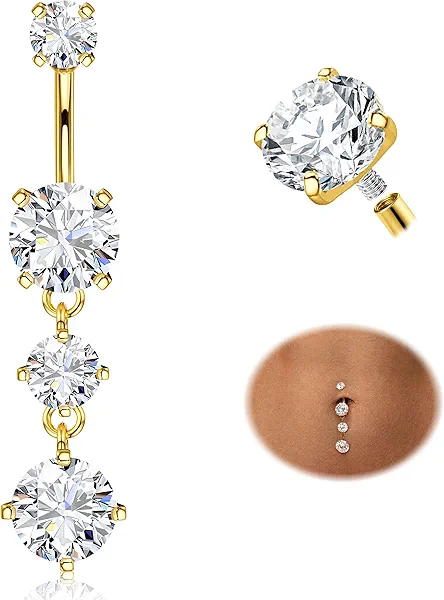 Jstyle G23 Titanium Dangle Belly Button Rings for Women 14G Internally Threaded Belly Ring Dangling Piercing Jewelry with Heart Butterfly CZ Hypoallergenic Navel Piercing Ring Gold/Silver Tone
