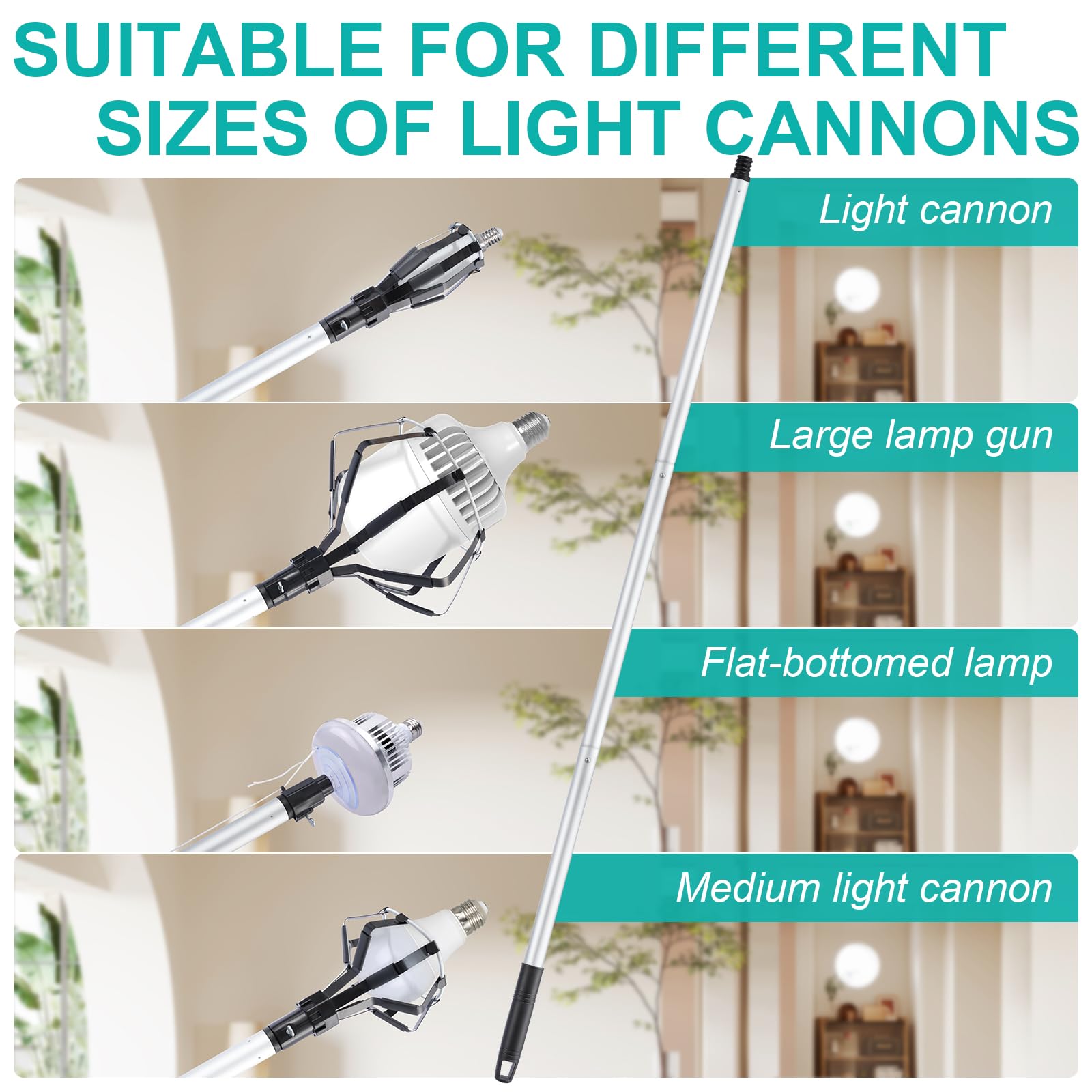 Glühbirnenwechsler für Hohe Decken, LED Classic Lampe (Schraubgewinde) Glühbirnen Wechsel, 2-12FT Aluminiumlegierung Verlängerungsstange, 3 Einstellbar Krallen und 1 Einstellbar Saugnapf