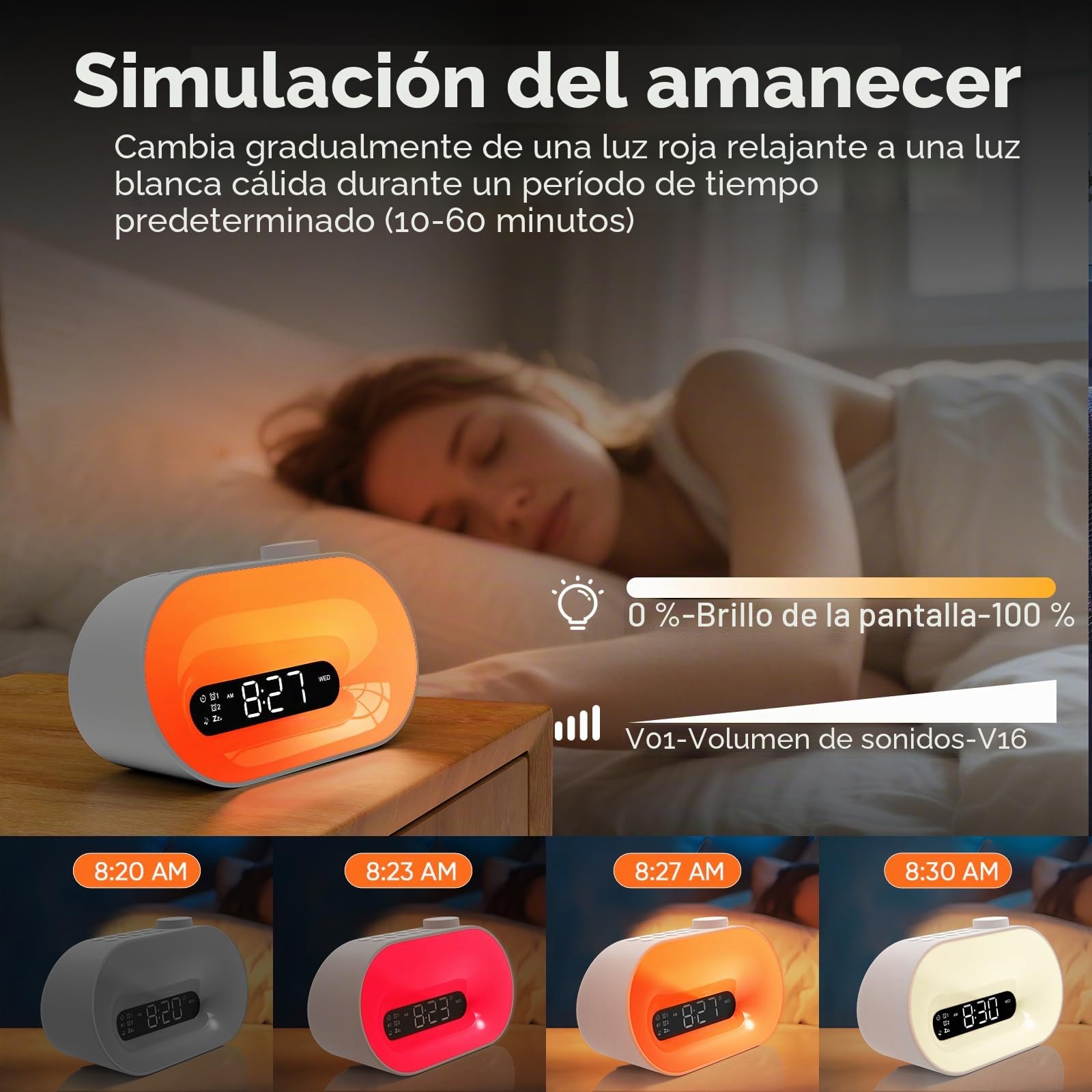 Reloj despertador de amanecer, máquina de ruido blanco con 30 sonidos relajantes, 14 luces nocturnas, 0-100% de atenuación, alarma dual, temporizador, lámpara de noche digital para niños, adolescentes