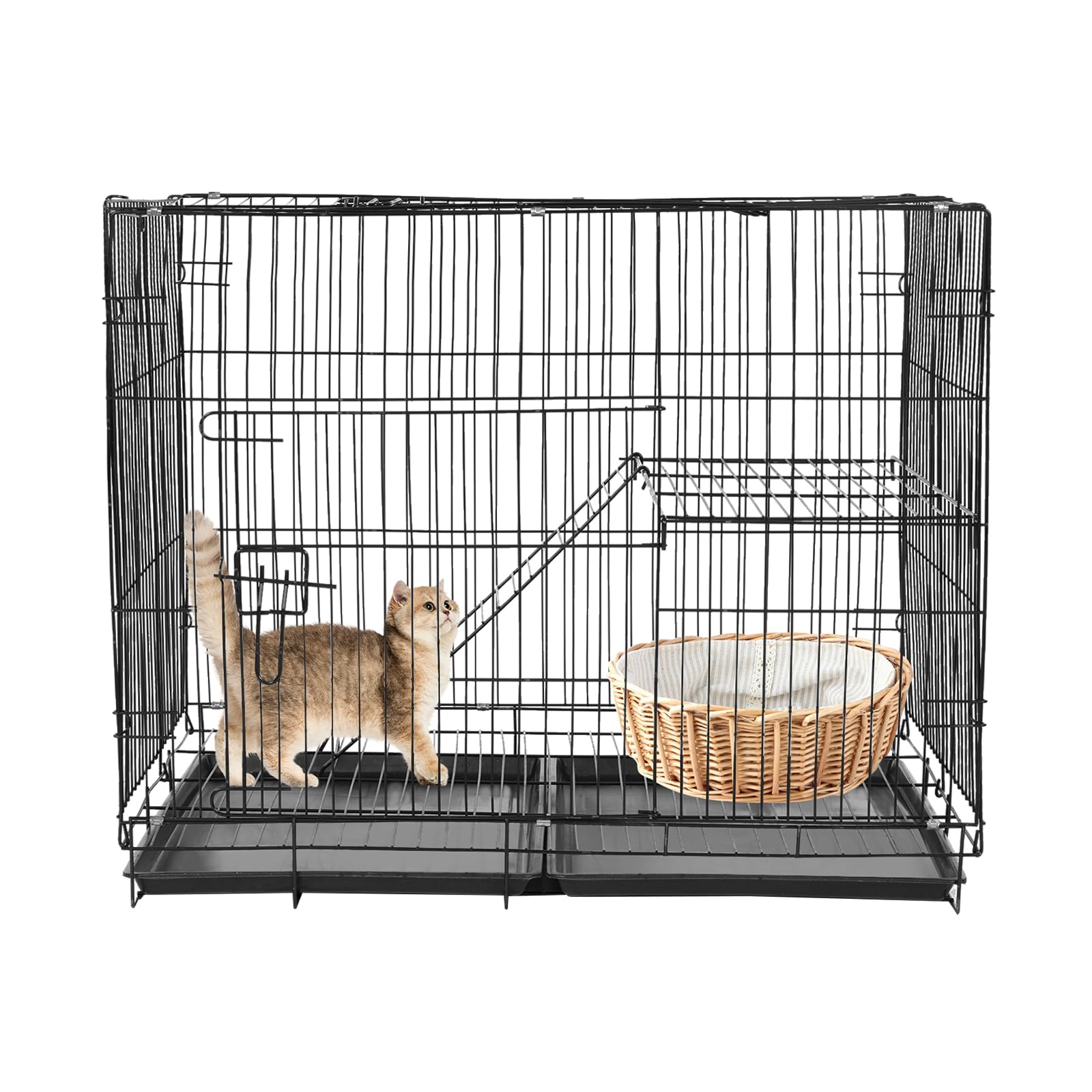 Jaula para gatos de 2 pisos, parque para gatos DIY con bandeja, hierro plegable, casa para mascotas para 1-2 gatos, color negro, 70 x 50 x 58 cm