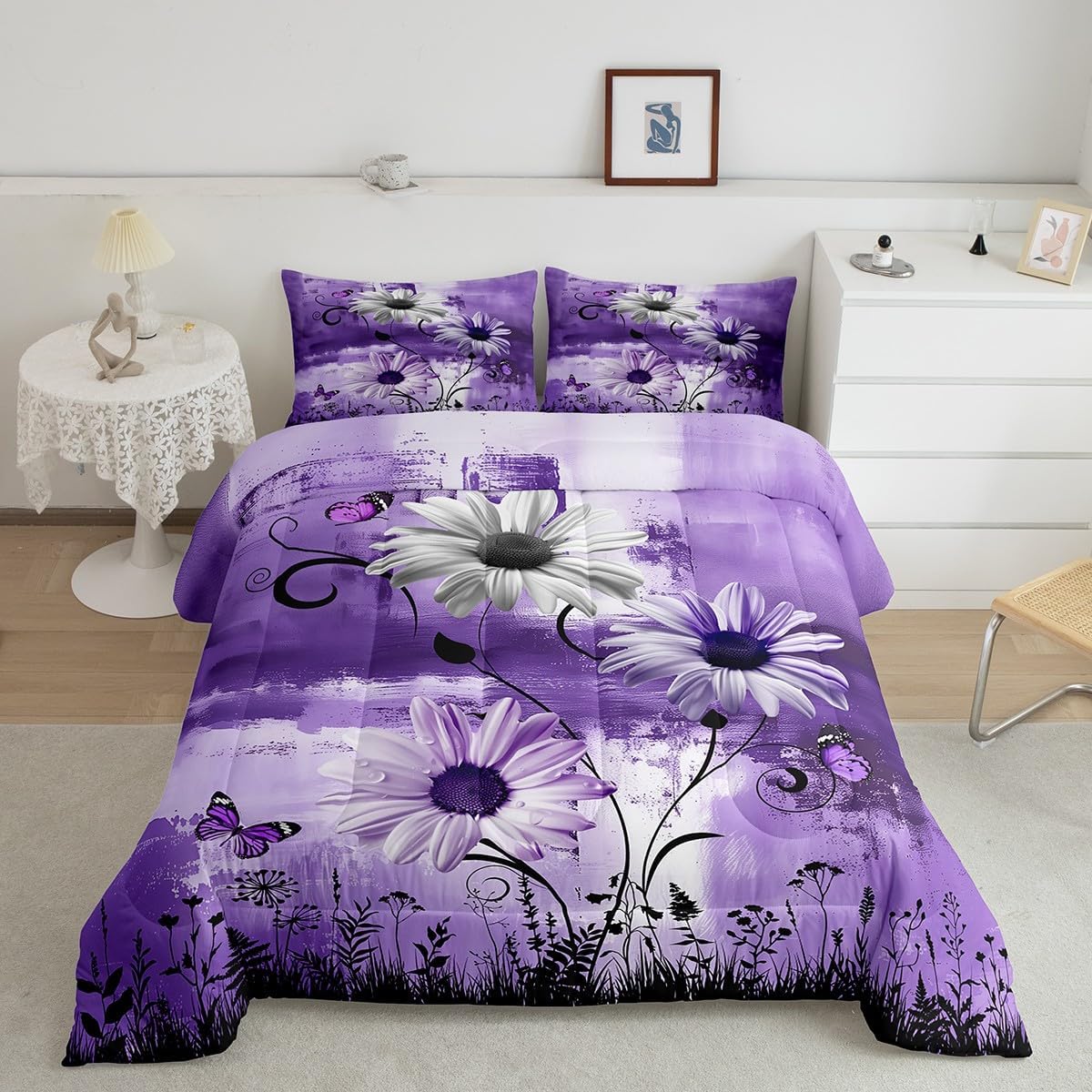 Castle Fairy Rustic Floral Comforter Set Queen Size,Farm Daisy Flowers Butterfly Country Bedding Set for Women Adult,Purple Abstract Art Graffiti Luxury Bed Duvet Insert, 2 Pillowcases