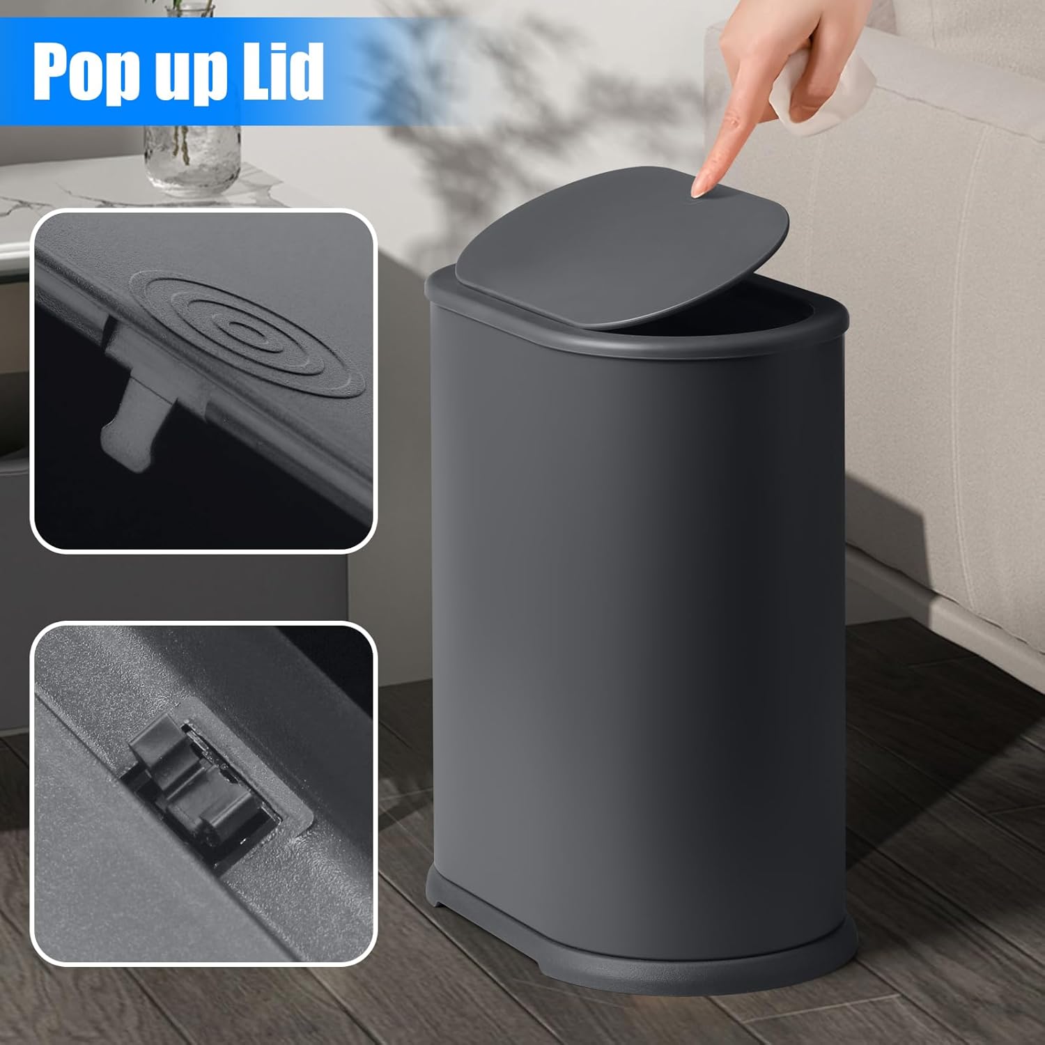Anzoymx Stainless Steel Bathroom Trash Cans with Lids 1.8 Gallons Small Garbage Can with Pop up Lid Dog Proof Narrow Wastebasket Slim Bins Set for Bedroom, Living Room, Toilet, Office, Rv (Grey) thumbnail