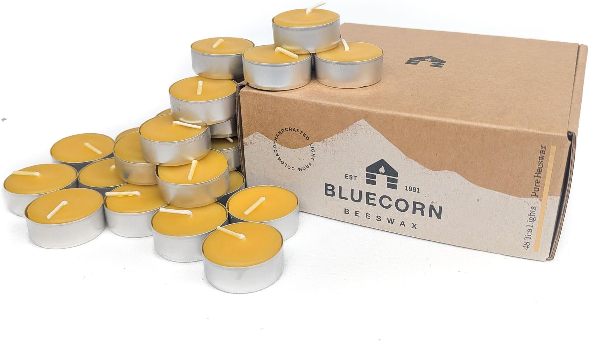 Bluecorn Beeswax Tea Light Candles, 100% Pure Natural Bees Wax, Yellow Tea Lights in Metal Cups, Fragrance Free, Paraffin & Soy Free Candle Wax, Clean Burning, Long Lasting, American Made, 48 Pack