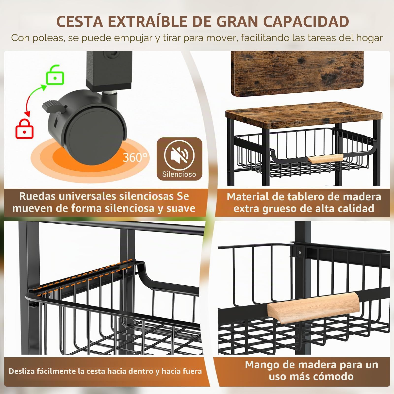 Carrito de Cocina 5 Niveles con Tabla y Ruedas con Bloqueo | Estante Móvil para Verduras y Provisiones, con Ruedas Giratorias Carrito de Servicio Móvil para Cocina, Despensa