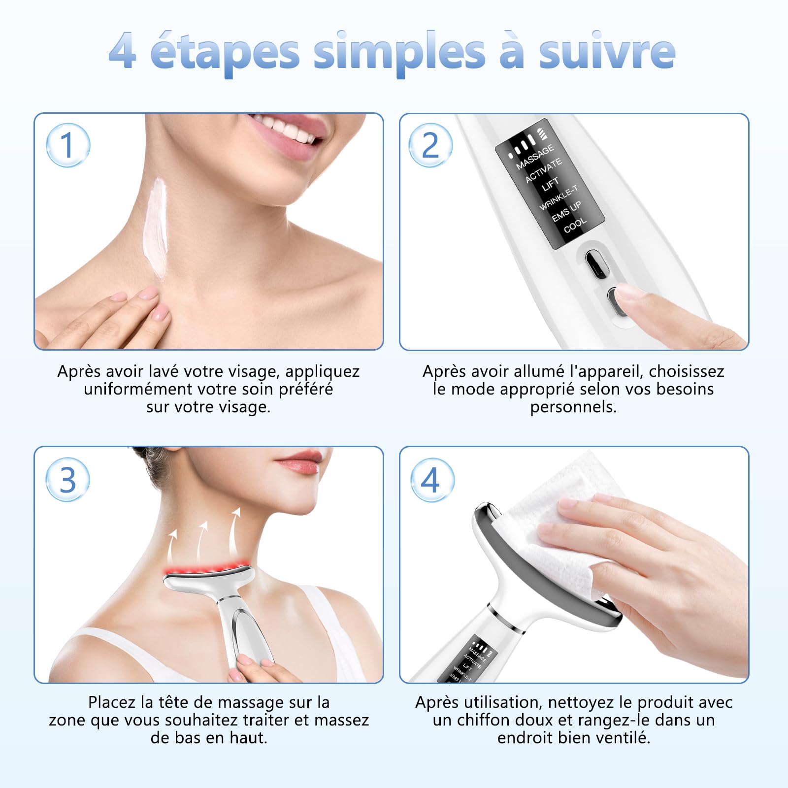 Appareil Anti Rides Visage, Appareil de Beauté à 6 Modes, Température 45 °C pour Les Massage Visage, pour l'anti-âge, Le Lifting et le Raffermissement de la Peau Relâchée (Mode LED 4 couleurs)