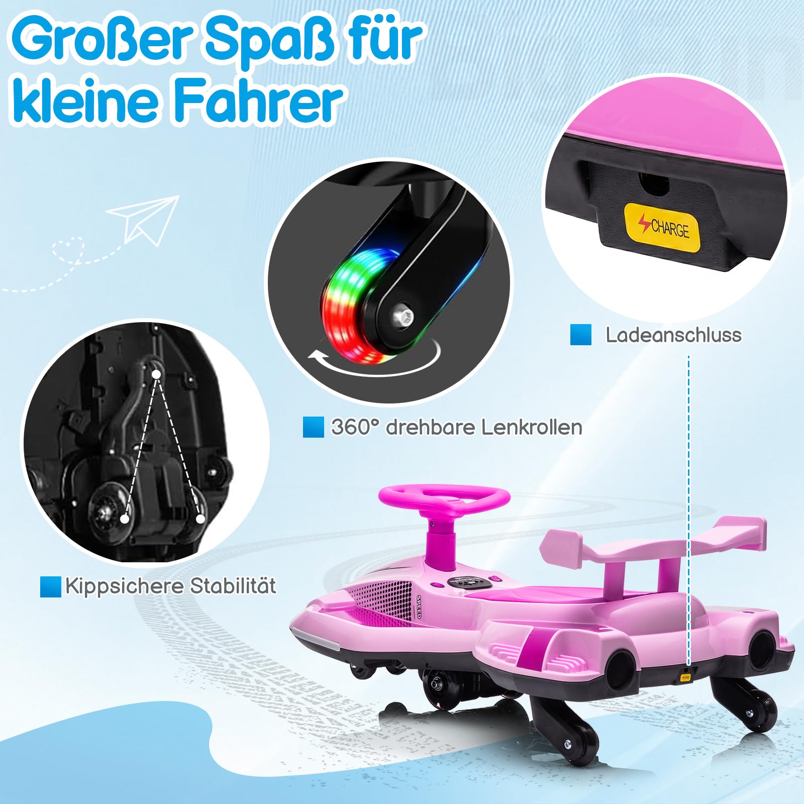 LALAHO Kinder Elektroauto, 2-in-1 Elektrisches Rutschauto mit Pedal,Wiggle Car mit Pedal,LED-Lichter,360° Lenkung,2 Geschwindigkeit Kippschutz Leuchtende Räder,für Kind ab 3 Jahren (Rosa-Lila)