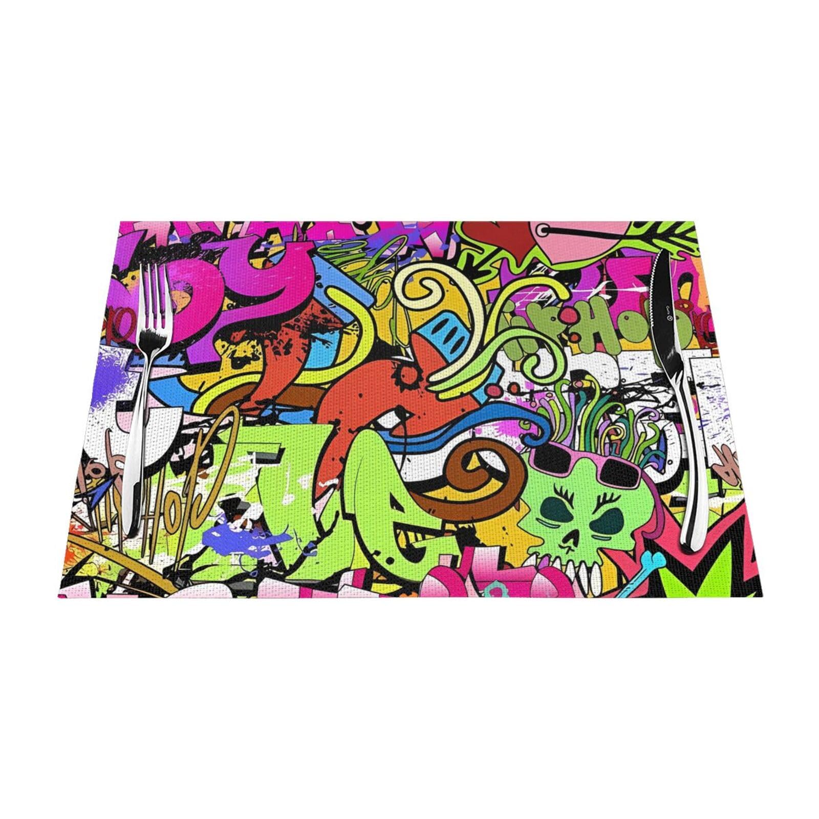 Graffiti Drawing Placemats Set of 1 - Woven Vinyl Kitchen Table Placemats - Heat Resistant Non-Slip Place Mats for Dining Table, Washable Indoor Outdoor Table Mats 12x18 Inch