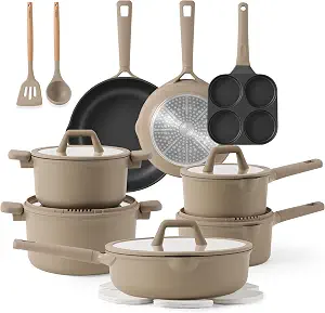 CAROTE 19pcs Nonstick Cookware Set, Pots and Pans Set Non Stick, kitchen Cooking Set, Premium Induction Cookware, Frying pan, Large Capacity Granite, Brown