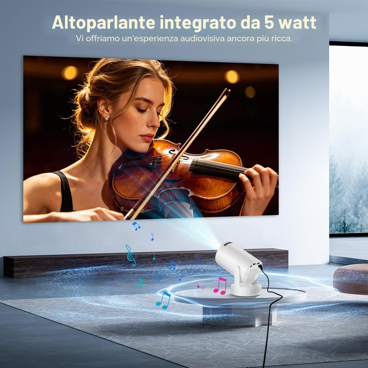 Salange Mini Proiettore 4K Supportato, Intelligente HD 1080P Supporta Android 14.0, Proiettore Cellulare Piccolo per Esterni, Girevole a 180°, Altoparlante Soundbass, Correzione