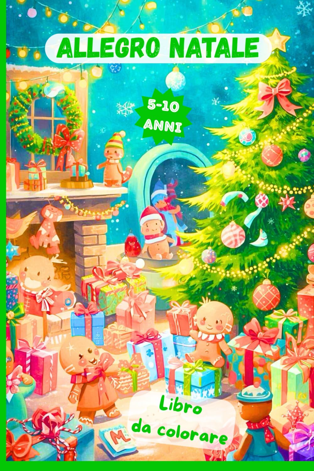 ALLEGRO NATALE - Libro da colorare: Copertina albero/regali/pupazzi pan di zenzero - retro verde