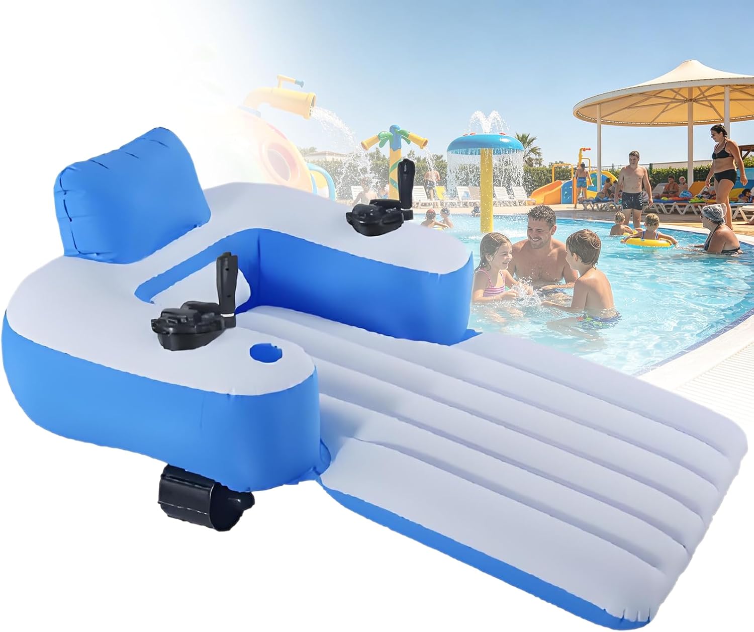 Motorized Inflatable Pool Float for Adults, Rechargeable Water Chair with Single/Dual Motor Options, Foldable Backrest, Anti-Tilt Design, Cup Holder for River Trips