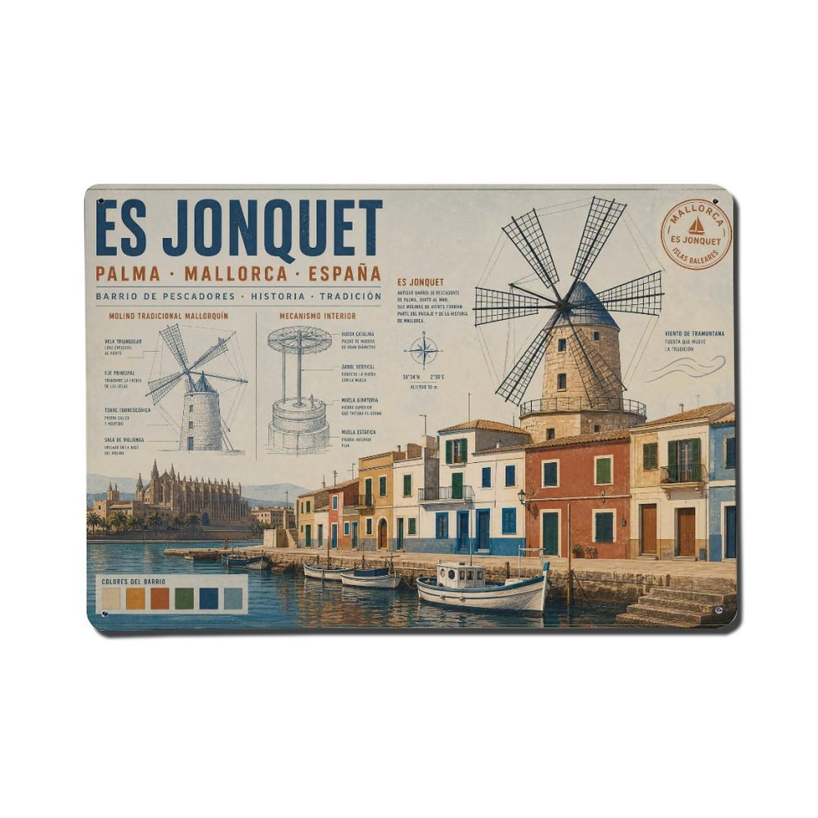 Vintage Travel Palma Jonquet Quarter Mallorca Windmill Metal Tin Sign