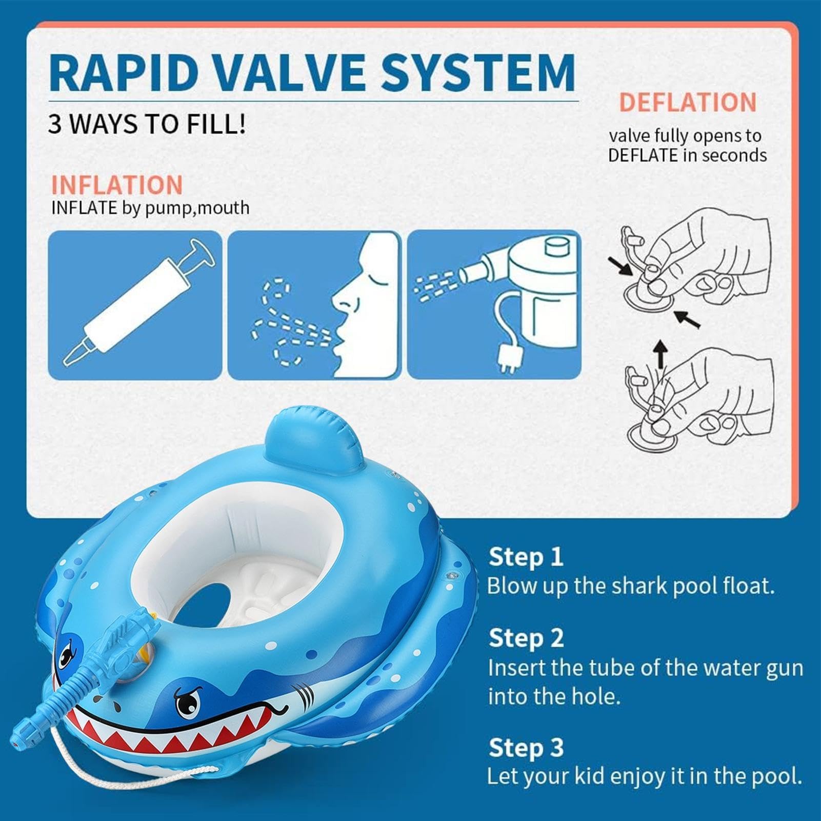 Shark Piscina gonfiabile per bambini, isola galleggiante con spruzzo d'acqua | Sedile da nuoto per bambini, per ragazze, bambini, viaggi, resort, parco acquatico, feste, giardino all'aperto