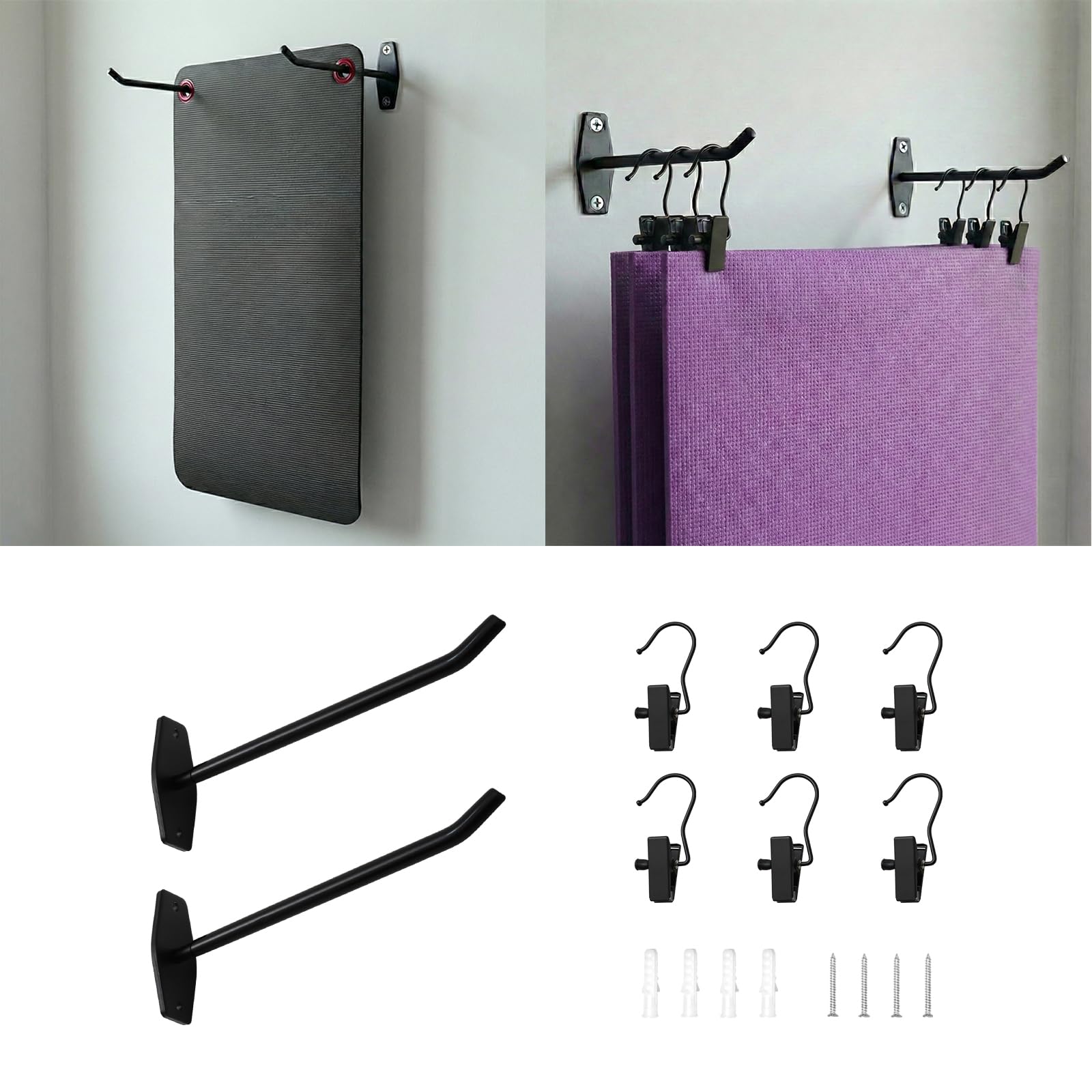 Yoga Mat Holder Wall Mount: Hanging Exercise Mat Rack - 2 Pack Heavy Duty Adjustable Hooks & 6 PCS Clips for Yoga Mat, Eyelet Mats, Foam Rollers & Gym Equipment Storage - Organizer for Fitness Workout