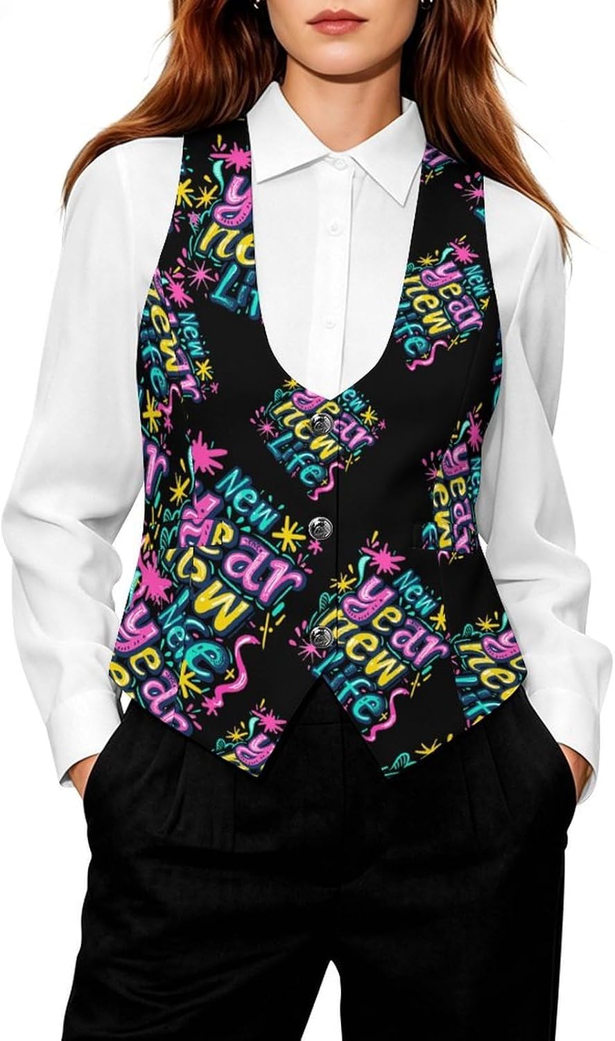 Happy New Year New Life Women's Suit Vest V Neck Button Down Waistcoat Jacket Business Casual Tops