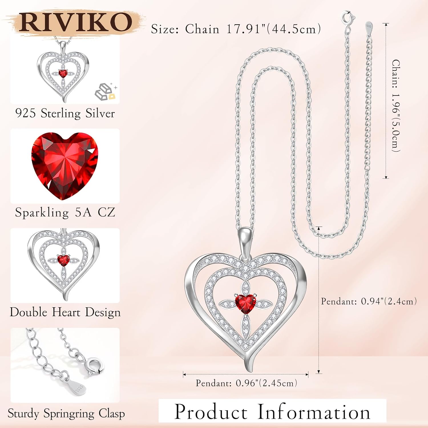 RIVIKO 925 Sterling Silver Cross Birthstone Necklace for Women,Love Heart Pendant Necklaces Trendy,Valentines Day Gifts for Her,Anniversary Jewelry Birthday Gifts for Women Wife Mother Friend