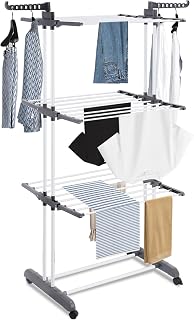 ASAB 4 Tier Foldable Clothes Airer Retractable Clothes Drying Rack Laundry Dryer with 4 Rolling Wheels Ample Garment Drying Space Adjustable Stainless Steel Space Saving Home Indoor Outdoor Air Dryer