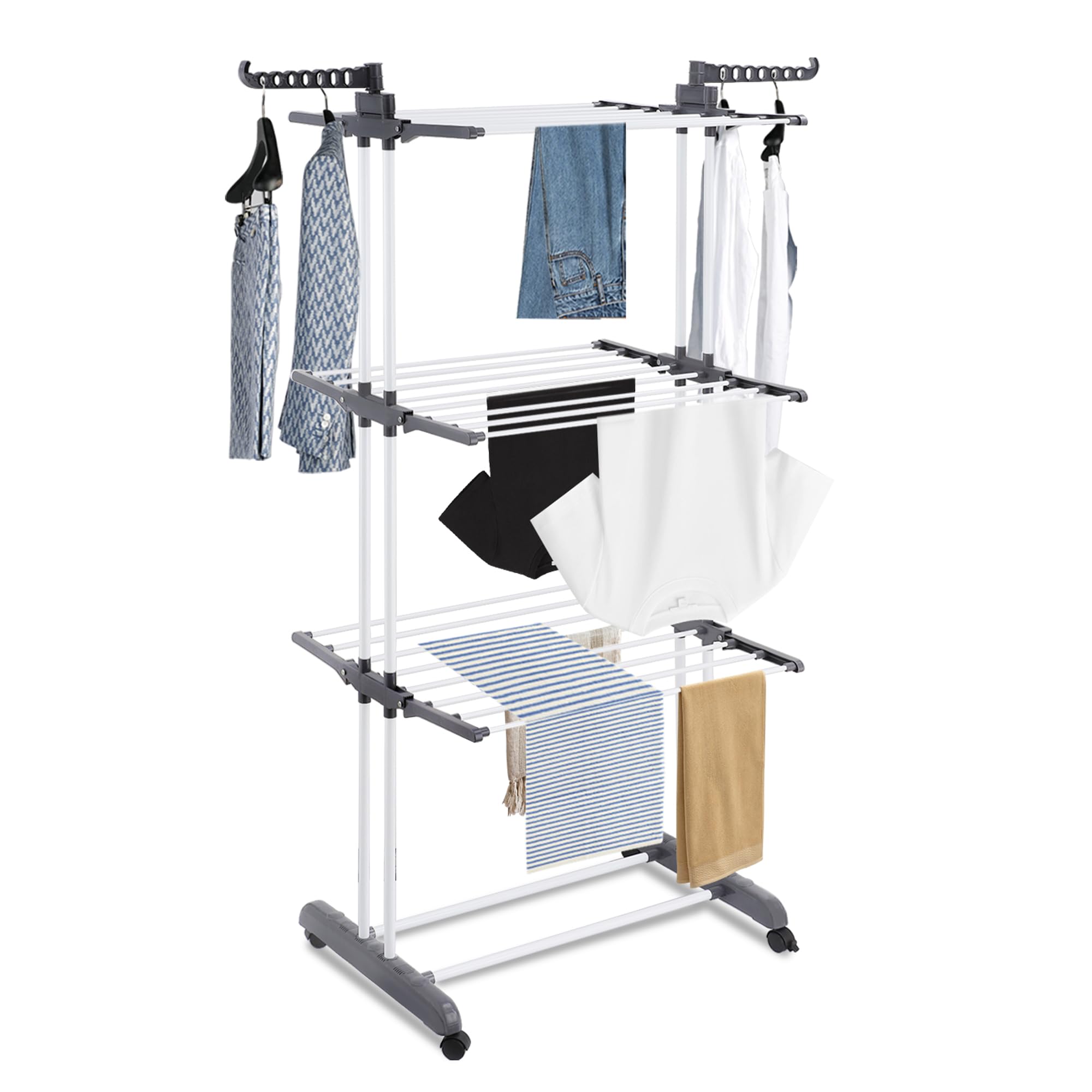 ASAB 4 Tier Foldable Clothes Airer Retractable Clothes Drying Rack Laundry Dryer with 4 Rolling Wheels Ample Drying Space Rust Resistant Stainless Steel Space Saving Indoor Outdoor Air Dryer