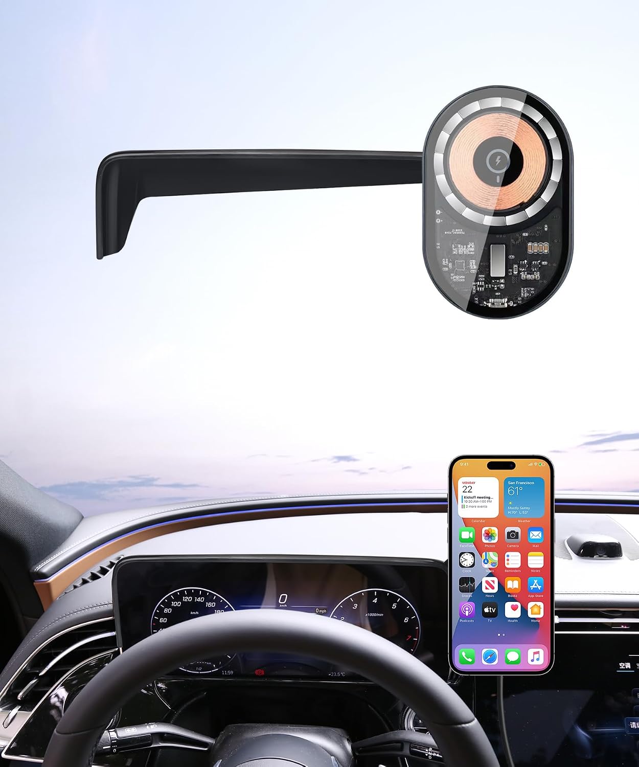 Wireless Charging Car Phone Holder for Mercedes Benz EQE Sedan/EQE SUV 2023-2025, 12.3" Screen Fixed Clip, 360° Rotation Car Phone Mount Compatible with MagSafe