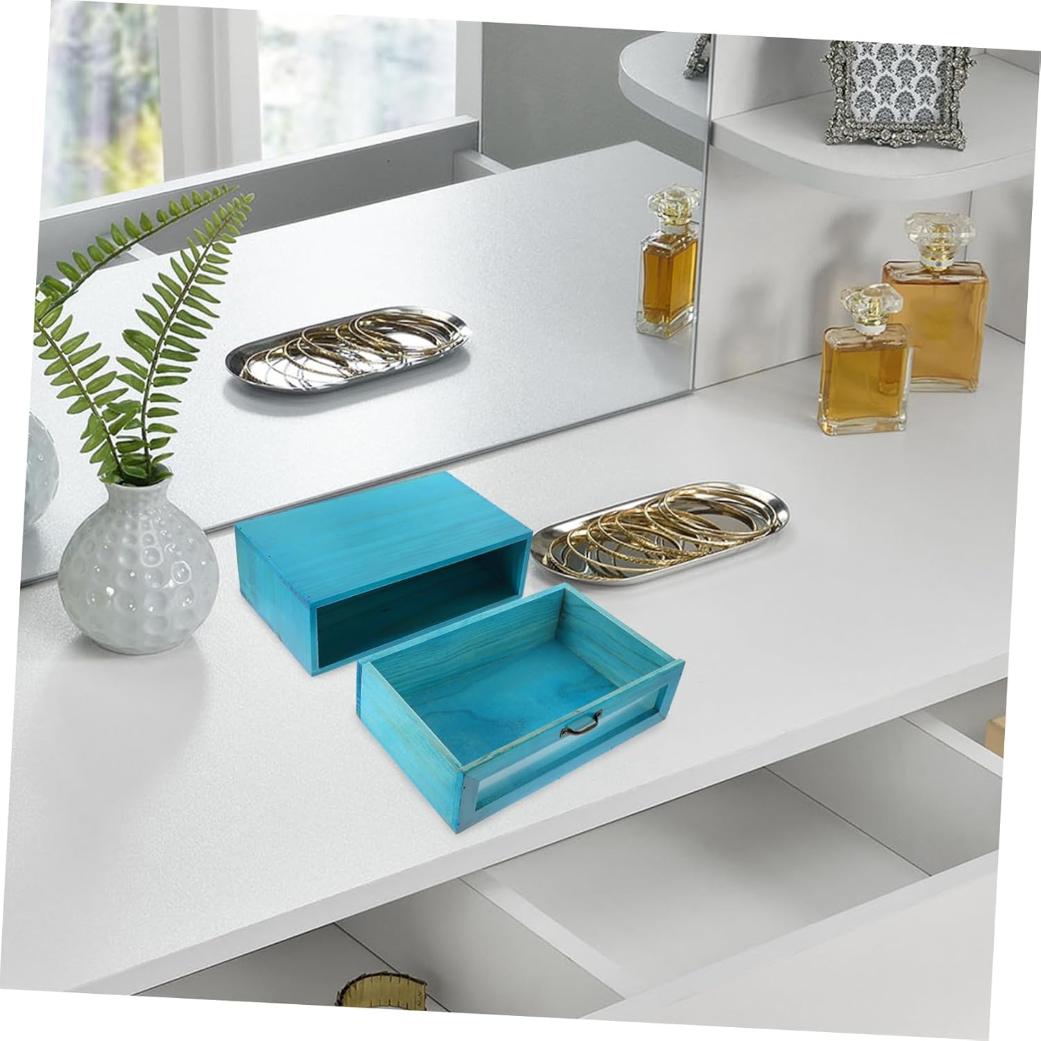 Small Wooden Desktop Organizer Box with Drawer Rustic Cosmetic Storage Holder for Jewelry and Sundries Wood Construction with Smooth Finish Stable Non-tip Design Mediterranean Blue