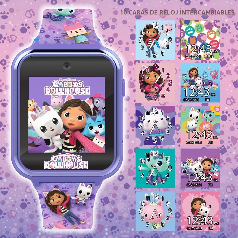Accutime GAB4007 - Reloj Inteligente para niños Gabby's Dollhouse con cámara Selfie, Fotos y vídeo, cronómetro, 6 Juegos, 3 Fondos, 10 dictáfonos, Reloj Fitness Tracker, Despertador