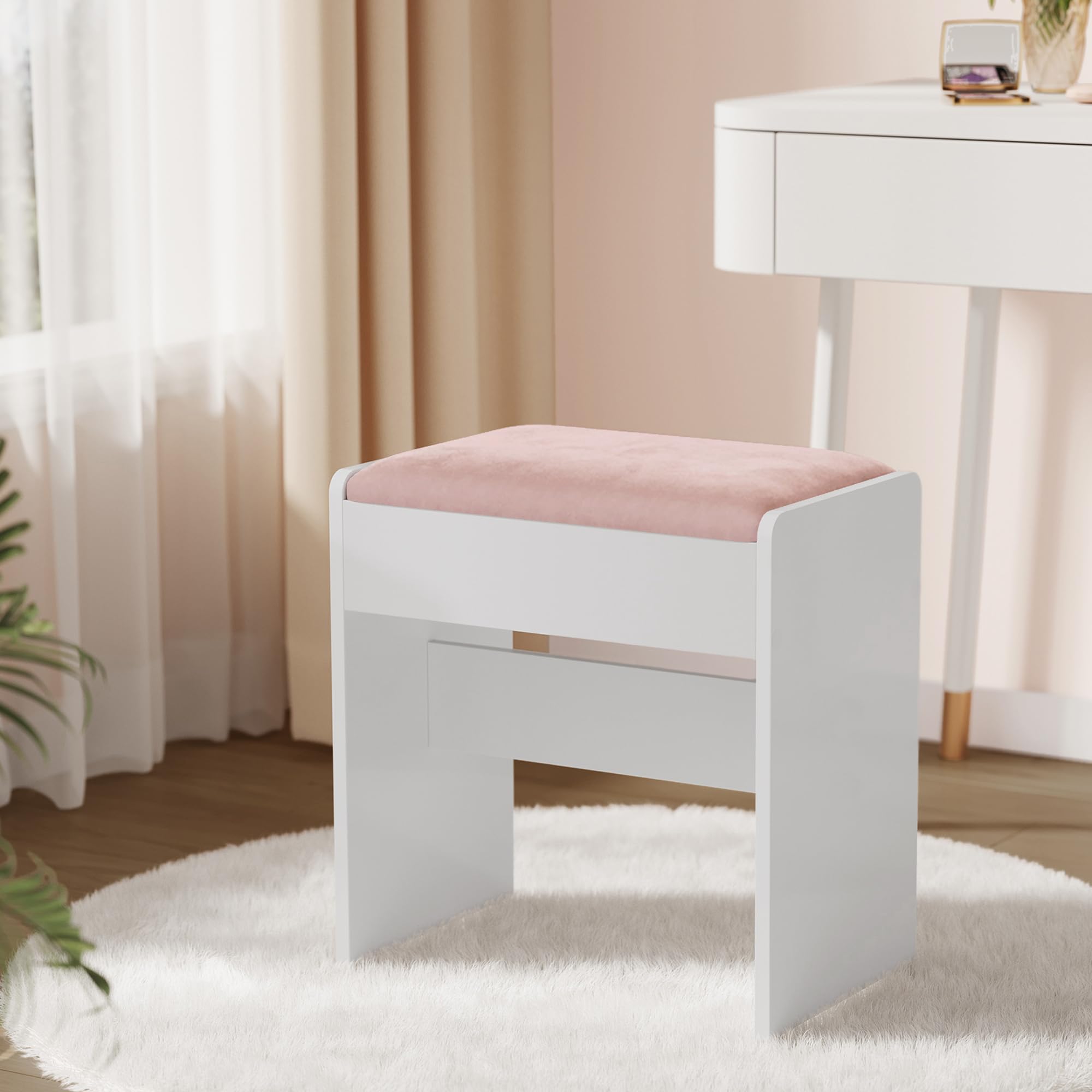 VASAGLE Vanity Stool, Upholstered Makeup Stool, Velvet Stool, Footrest with Non-Slip Pad, for Dressing Room, Bedroom, Entryway, Matte White and Jelly Pink RDS001W01