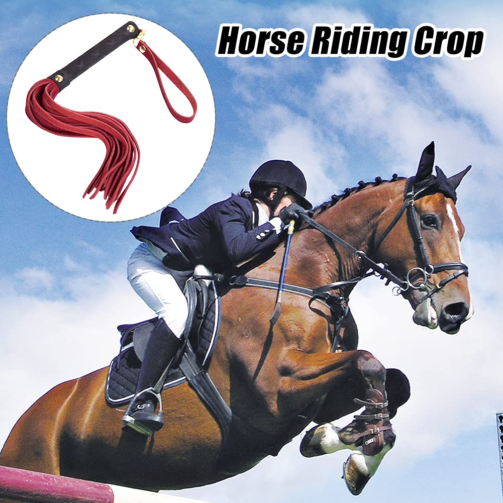 Cultivo de equitación, látigo de equitación, látigo ecuestre con mango suave, mango de arnés de piel sintética, herramienta de entrenamiento de enseñanza y accesorios de disfraz (rojo)