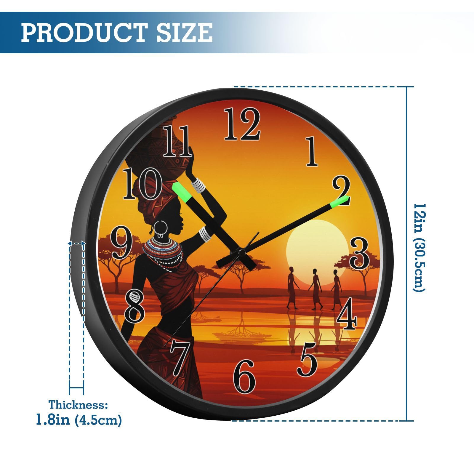 Mnsruu Reloj de pared luminoso, reloj de pared con diseño de tribu africana que brilla en la oscuridad, funciona con pilas, silencioso, sin tictac, luz nocturna para dormitorio