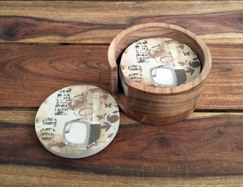 SANDSTERS Natural Sandstone Television Printed Absorbent Beverage Coasters Set of 4Pcs with Acacia Wood Holder