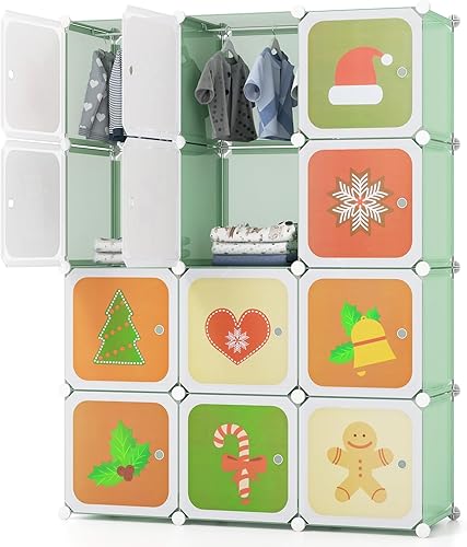 Miniatura 55 de HONEY JOY Armario para niños, organizador de almacenamiento de ropa de dibujos animados para bebés, 8 cubos y 2 secciones para colgar, armario