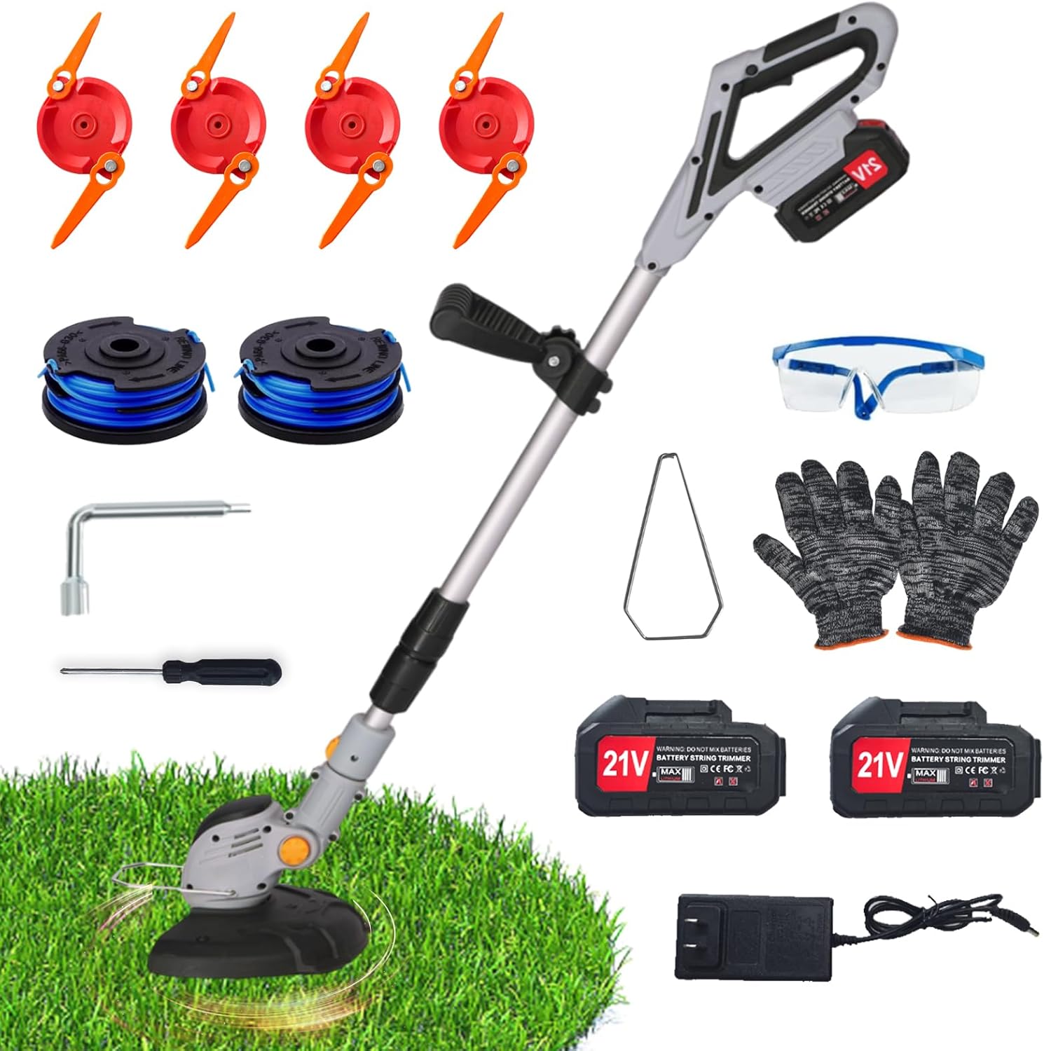 Cordless Weed Whack, 21V Battery Powered Weed Wacker, 3-in-1 Electric Weed Trimmer and Lawn Edger, Adjustable 39–54 in, 2 Batteries, Lightweight Grass Trimmer for Yard Garden (Gray)