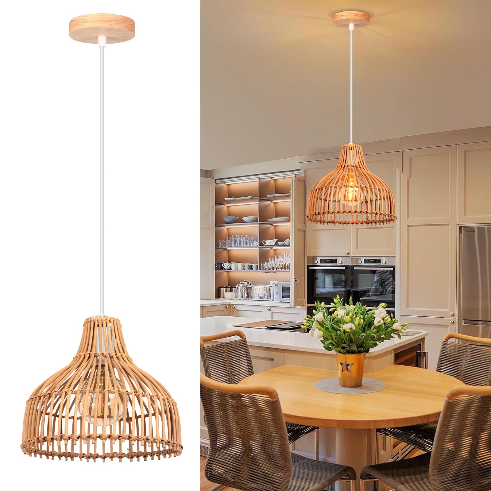 2 Pezzi Lampade a Sospensione Rattan E27 Lampadario Vintage Ø24cm Paralume Bambù Lampadari, Boho Lampada da soffitto Legno per Salotti Cucine Ristoranti Caffè