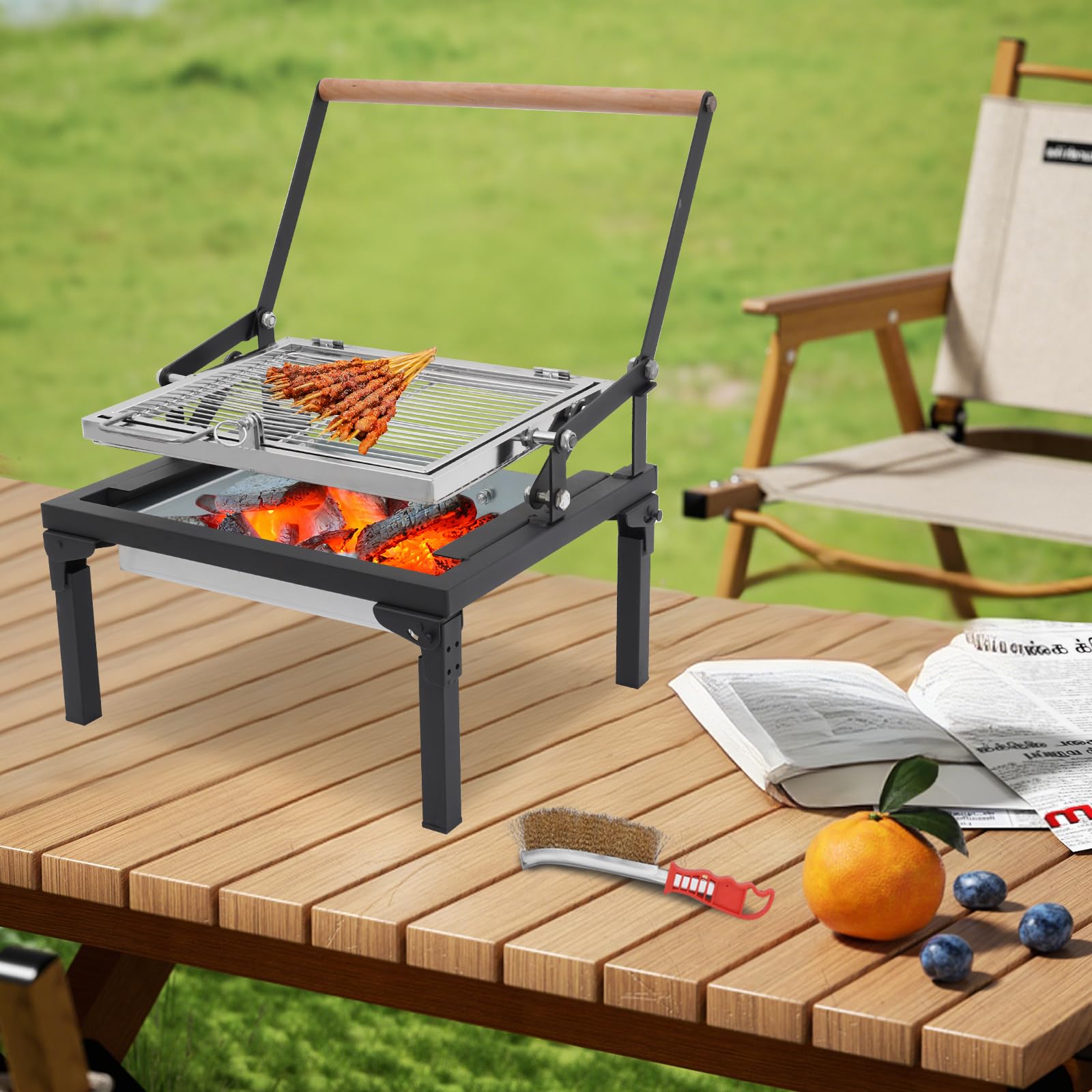 Barbecue pieghevole a carbonella, 48 cm/68 cm, con griglia girevole a 360°, per campeggio, giardino, picnic e spiaggia, pieghevole in acciaio inox con funzione di trasporto (48 cm)