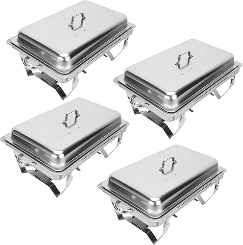 Juego de 4 platos de buffet de 8 cuartos de galón, rectangulares de acero inoxidable completo para catering y calentadores de alimentos con