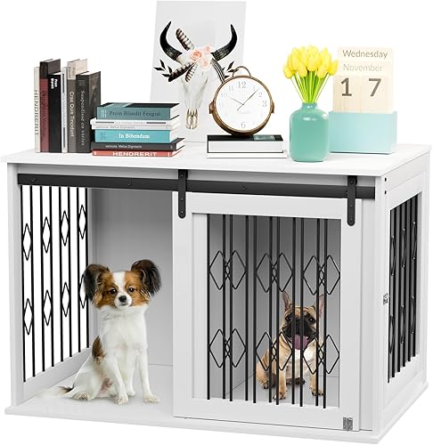 Miniatura 1 de Arlopu Mueble de jaula para perros con puerta corrediza de granero, mesa auxiliar de madera de 39.4 pulgadas, con apertura superior, divisor