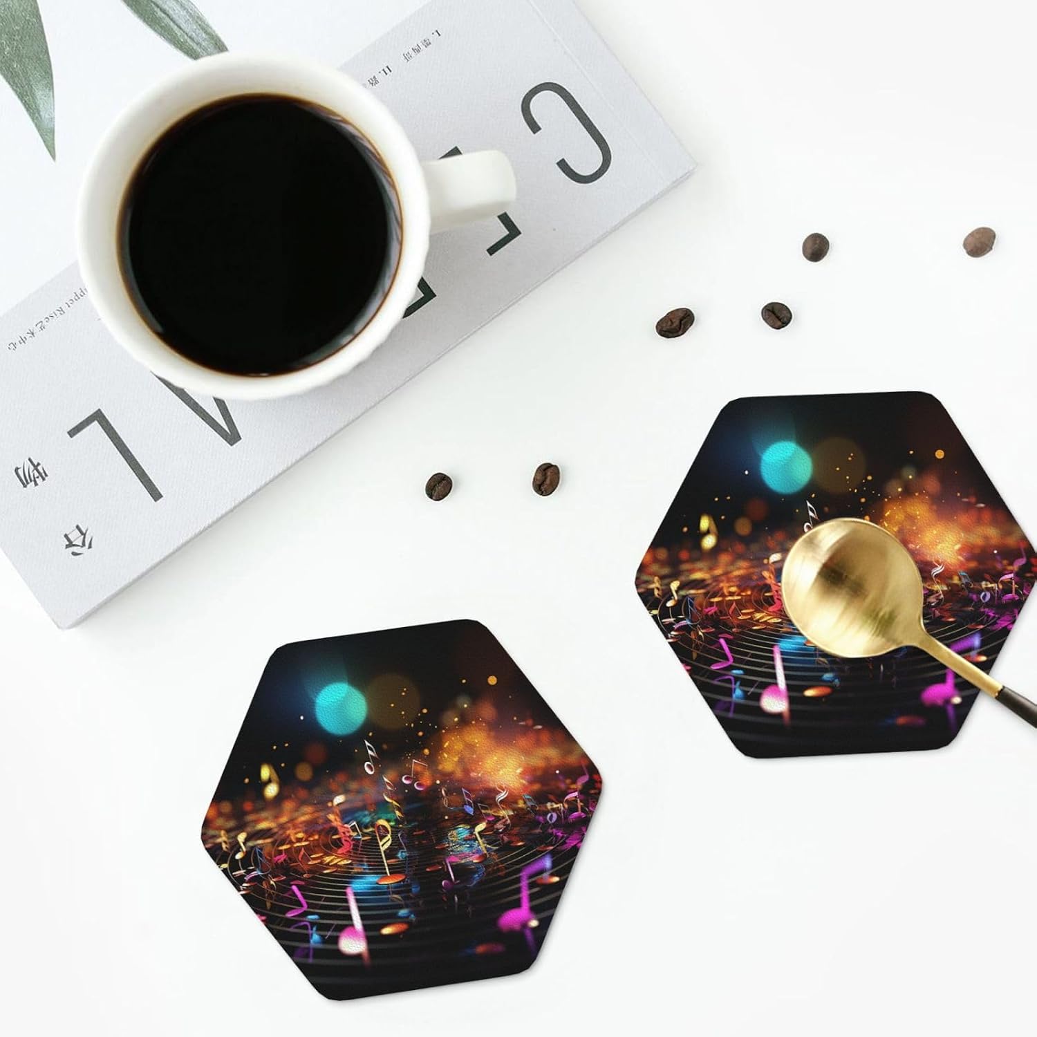 4pcs Drink Coasters for Tabletop Protection, 4" Leather Coasters for Drinks, Colorful Music Notes Cup Coasters for Coffee Table Decor, Non-Slip Drinking Cup Mat for Hot Or Cold Drink image 5